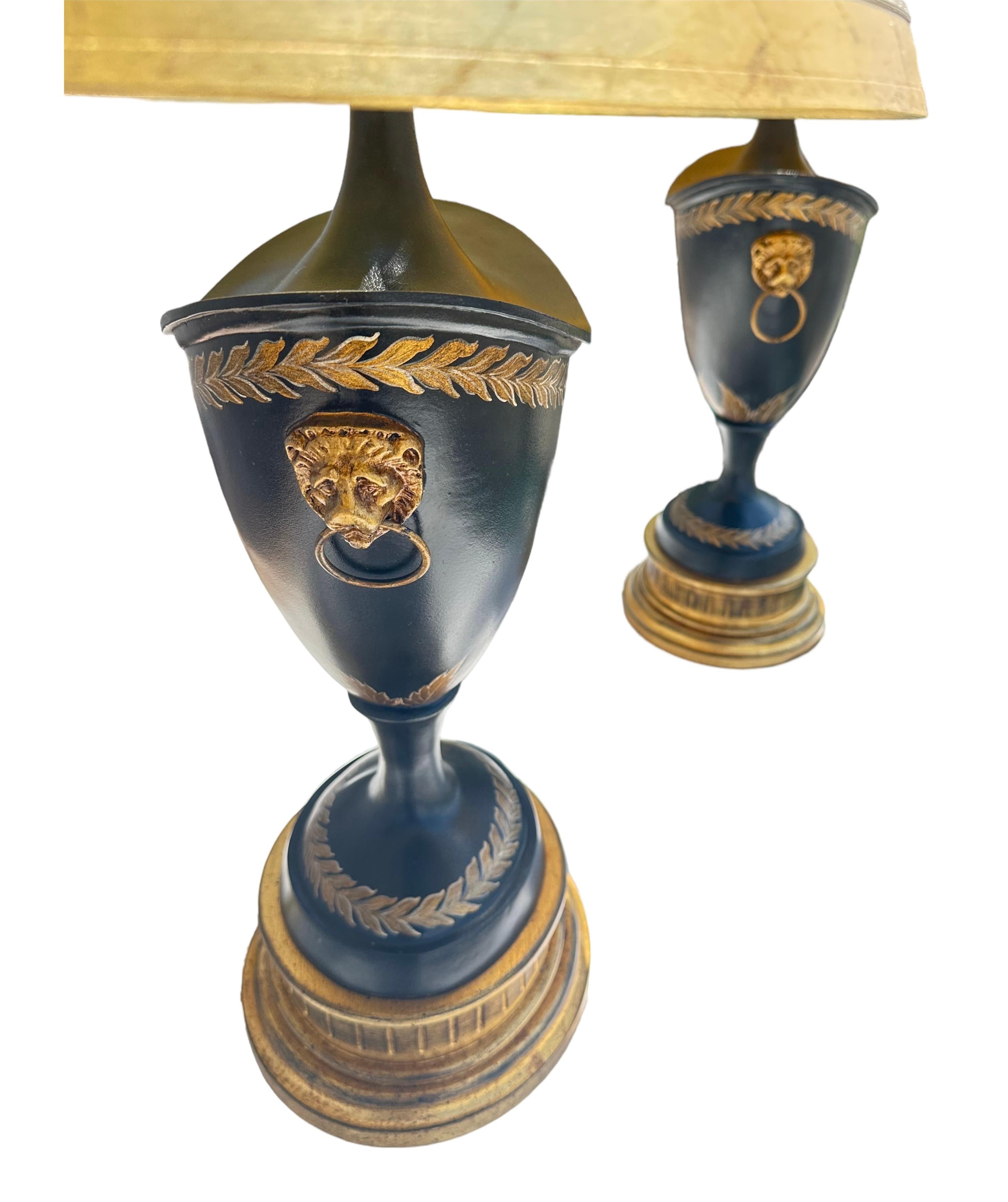 A wonderful reproduction of this neo classical hand-painted Lionhead European style lamps. These are definitely a statement piece. The lampshades are really fun but as you can see, one is torn, but it’s on the backside which is wonderful.
He’s