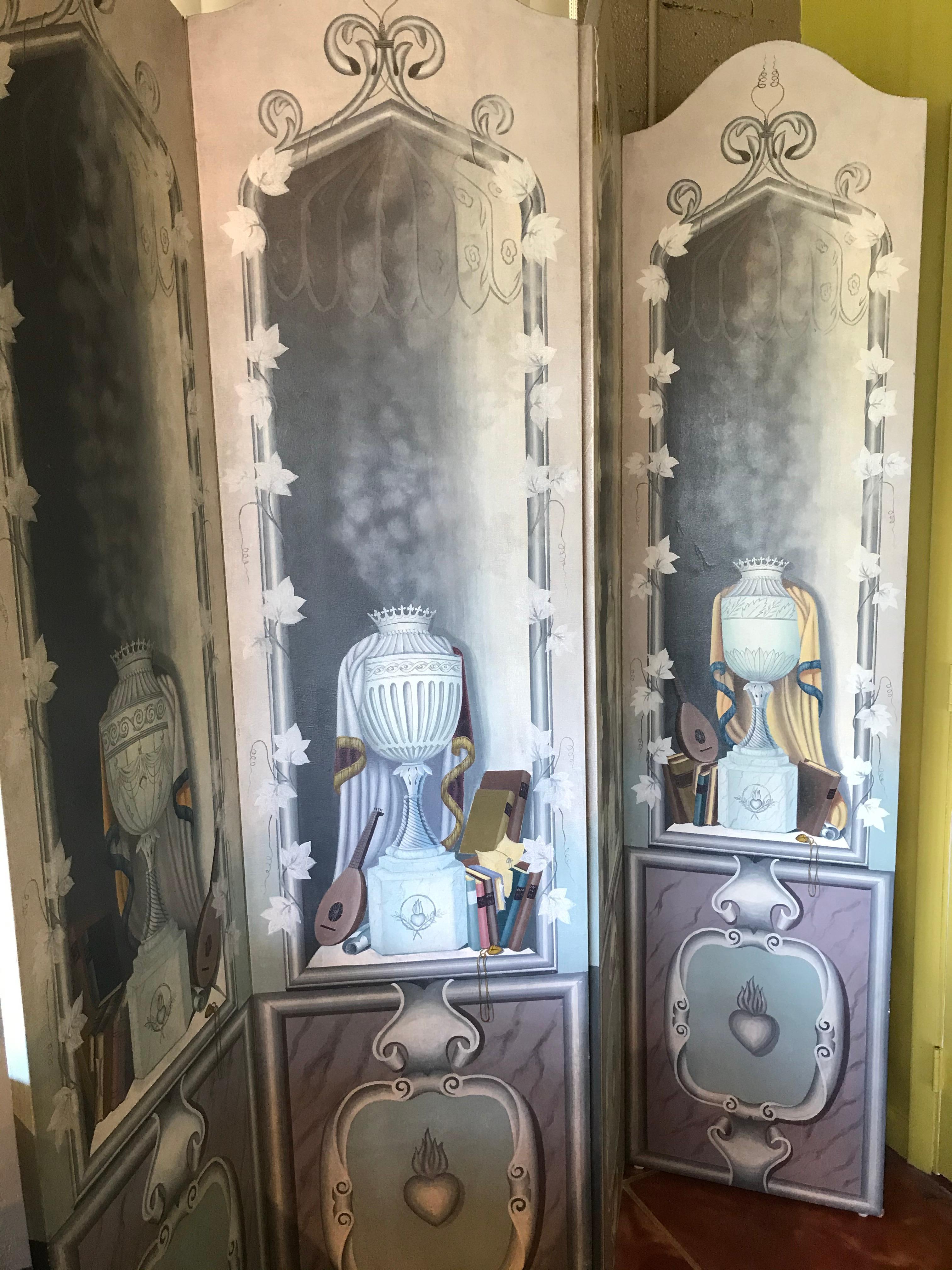 Neoclassical Maitland-Smith Room Divider Screen with hand painted neoclassical scenes featuring urns, books, drapery, lutes and more. With a scalloped top edge, each 20 inch panel depicts a similar scene. In very, very good condition with no issues.