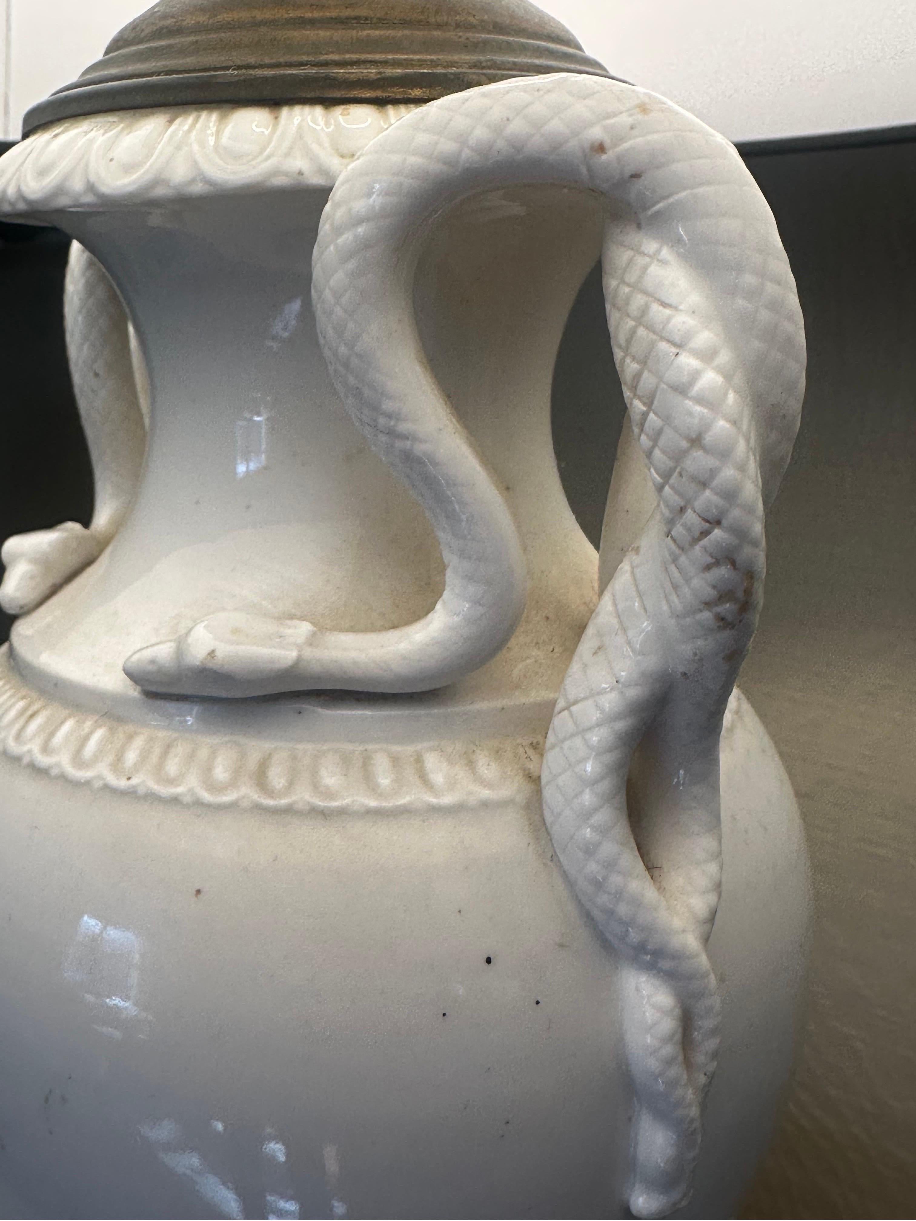 Neoclassical neo Classical Meissen style snake handled urn lamp blanc de chine For Sale