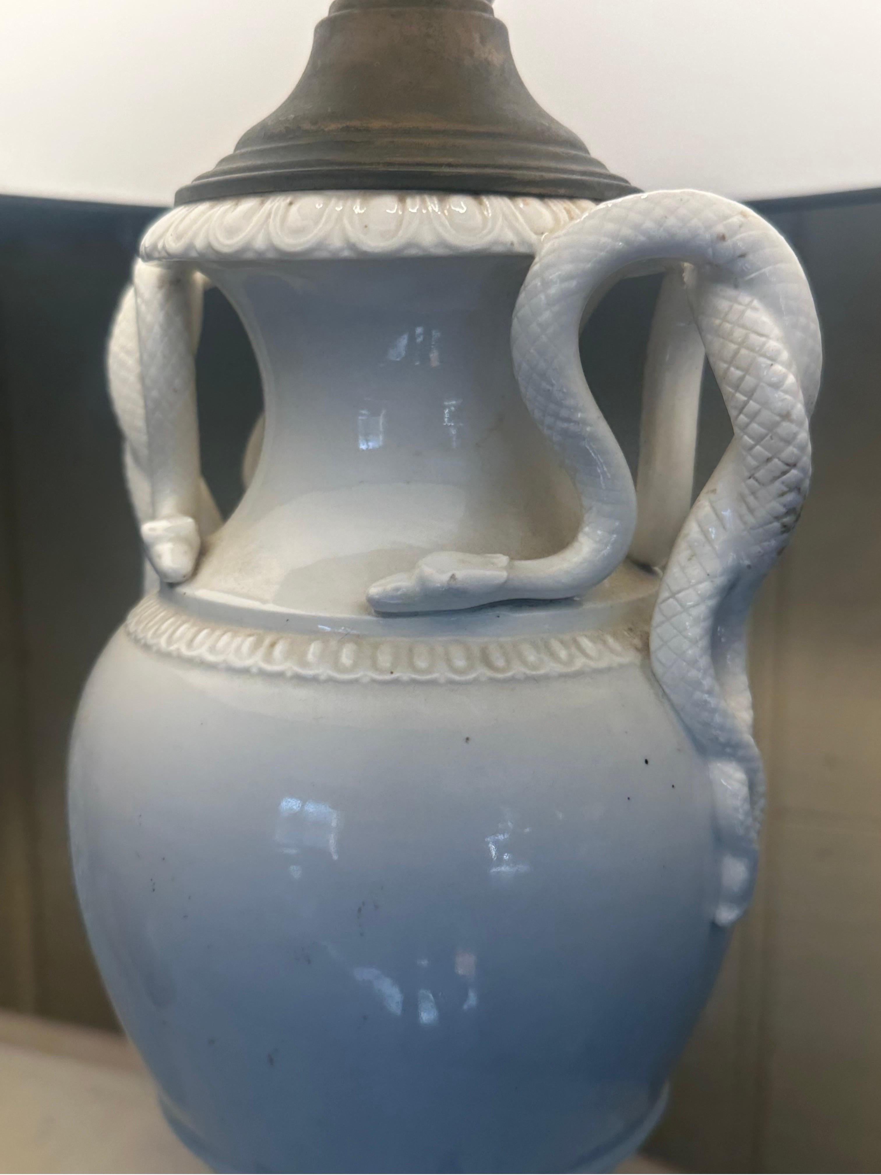 European neo Classical Meissen style snake handled urn lamp blanc de chine For Sale