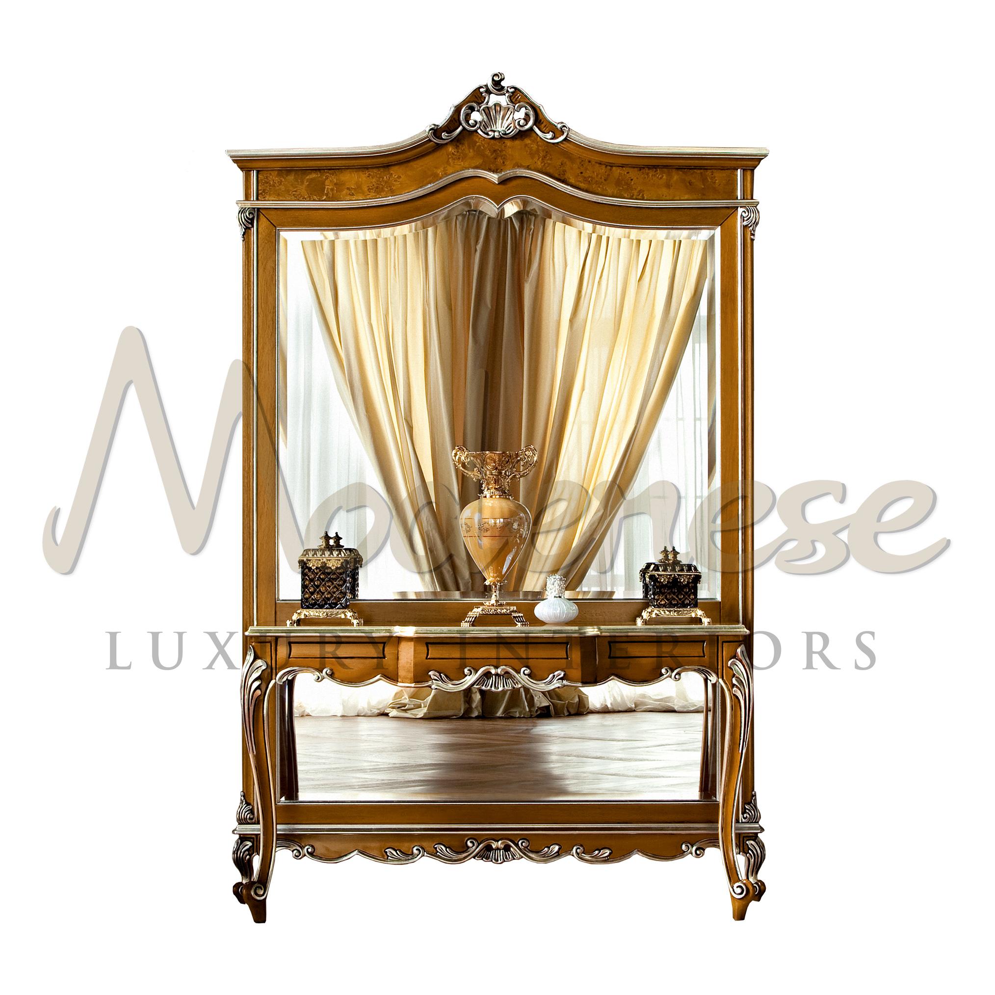 Rococo Neo-Classical Natural Walnut Finish Console with Silver Leaf Decorations For Sale