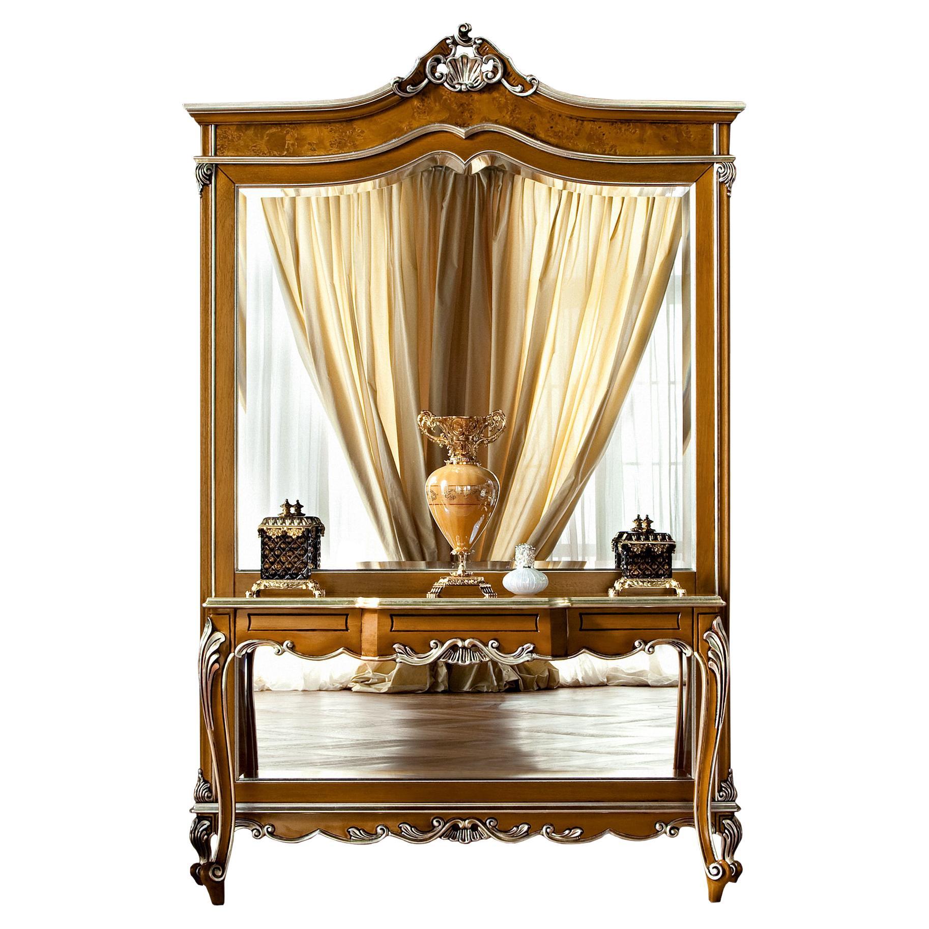Neo-Classical Natural Walnut Finish Console with Silver Leaf Decorations