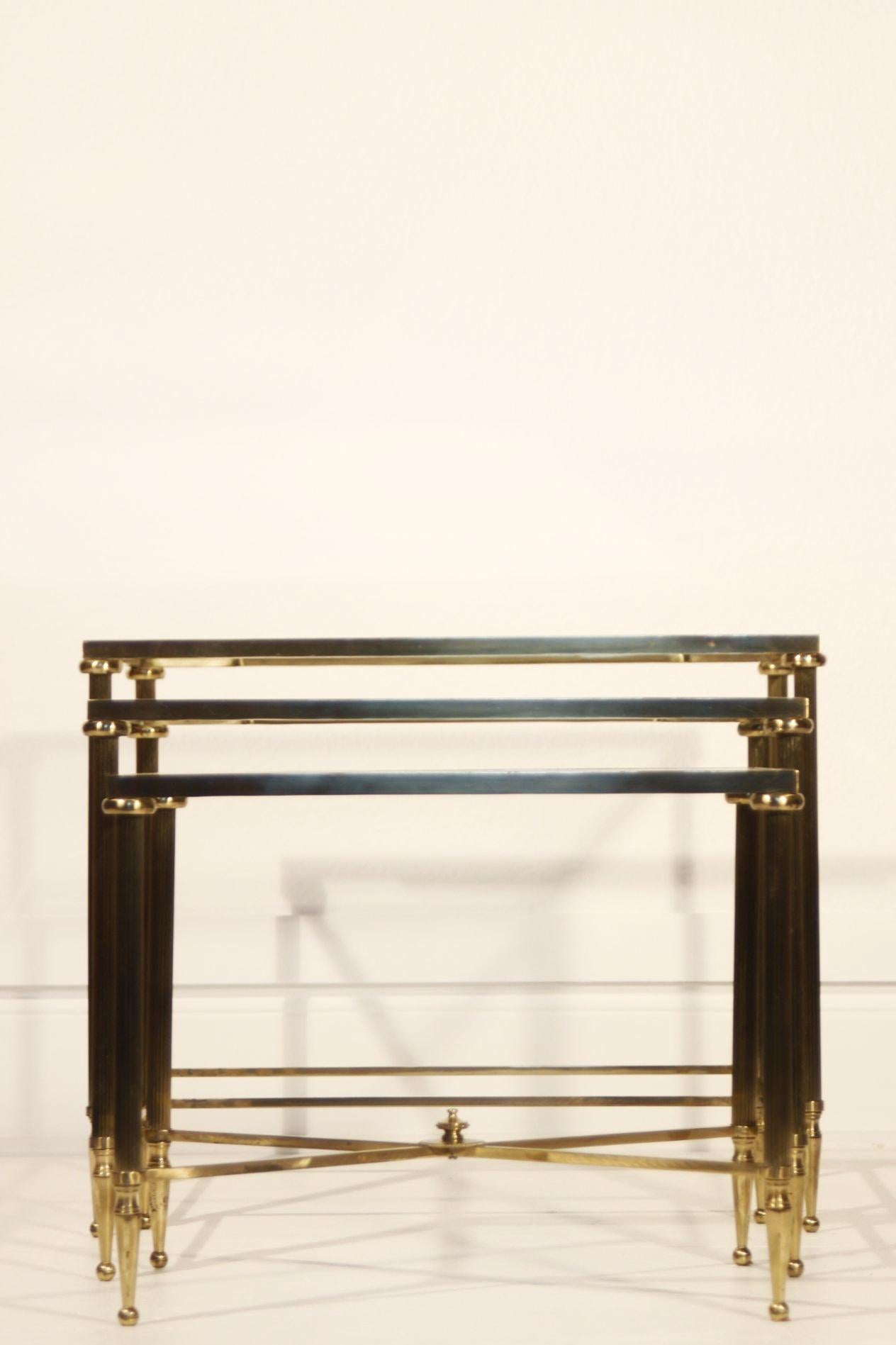 Neo-classical nesting tables in gilded brass & glass by Maison Jansen, France  For Sale 5