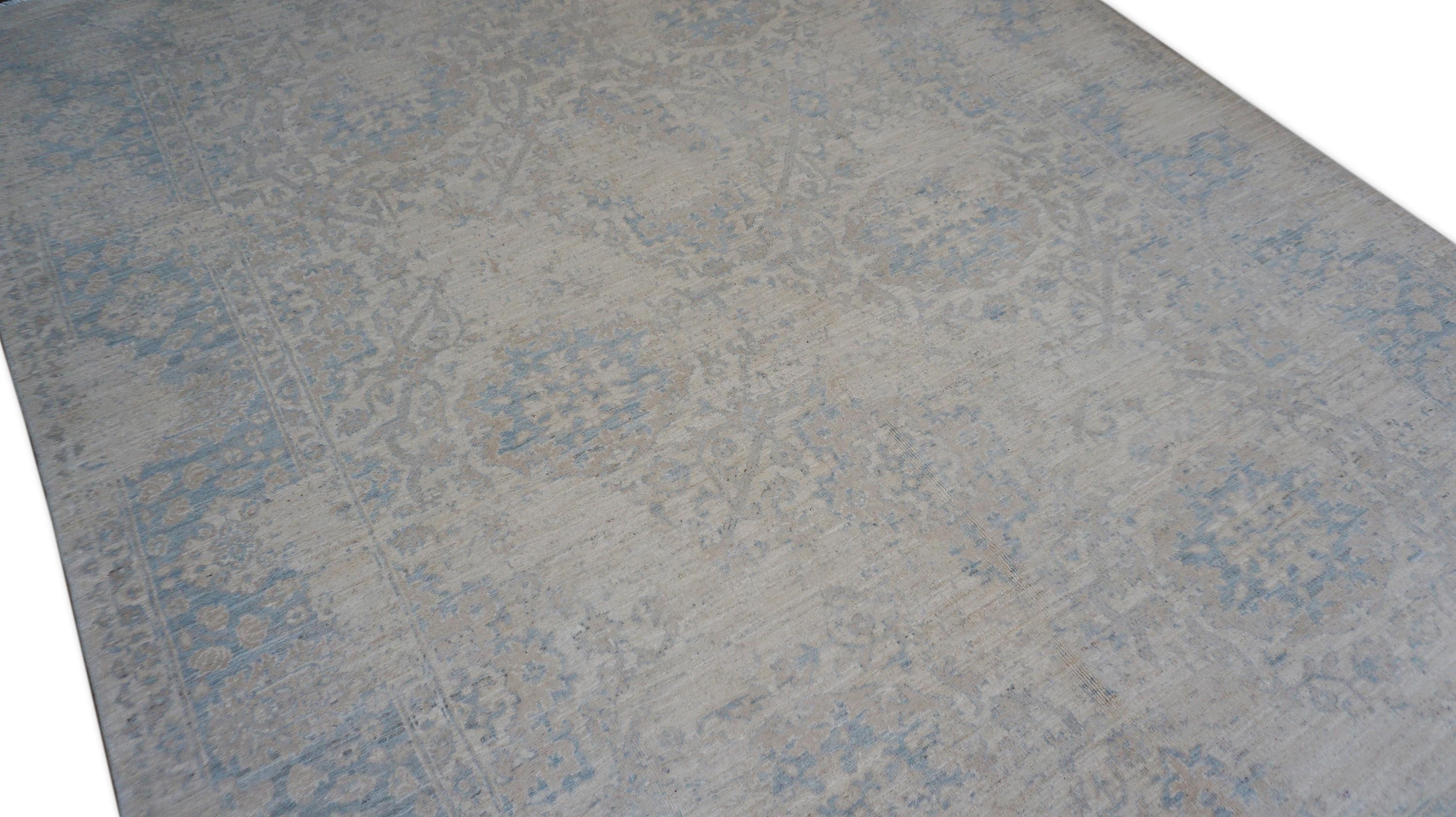 Pakistani Neo-Classical Oushak Soft Blue and Ivory Designed Wool Rug 5'6''x7'5'' For Sale