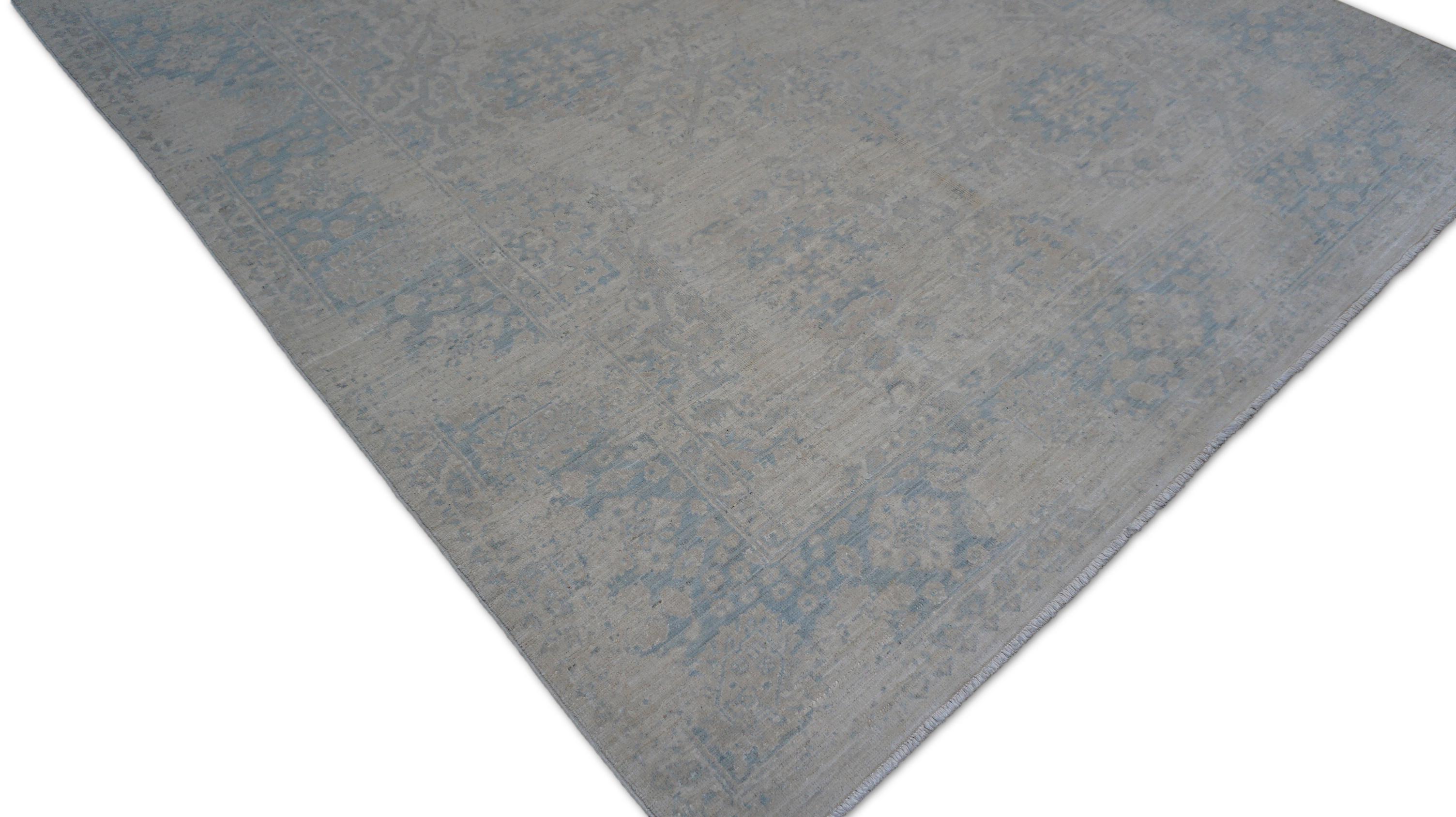 Hand-Knotted Neo-Classical Oushak Soft Blue and Ivory Designed Wool Rug 5'6''x7'5'' For Sale