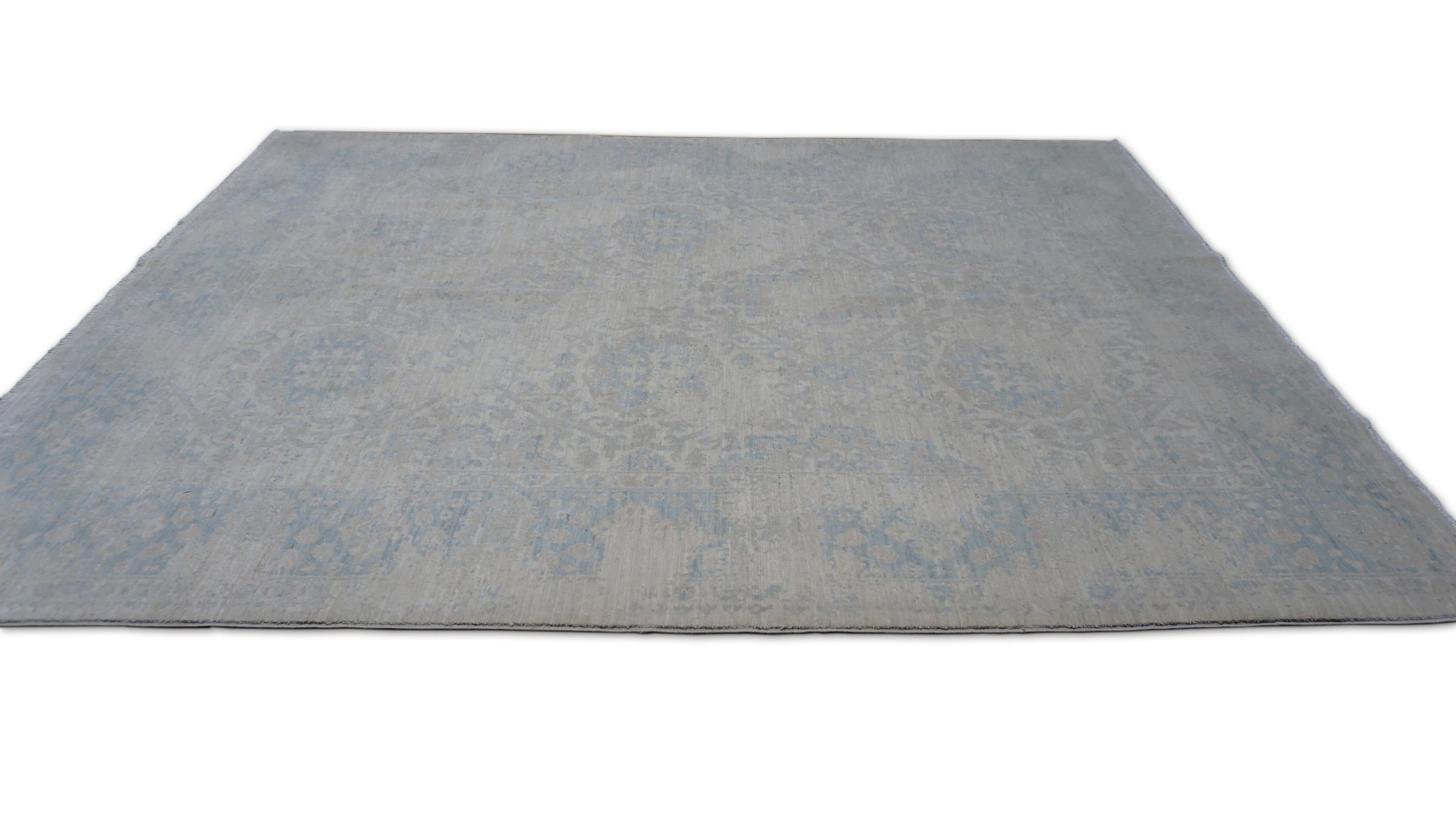 Neo-Classical Oushak Soft Blue and Ivory Designed Wool Rug 5'6''x7'5'' In New Condition For Sale In Torrance, CA