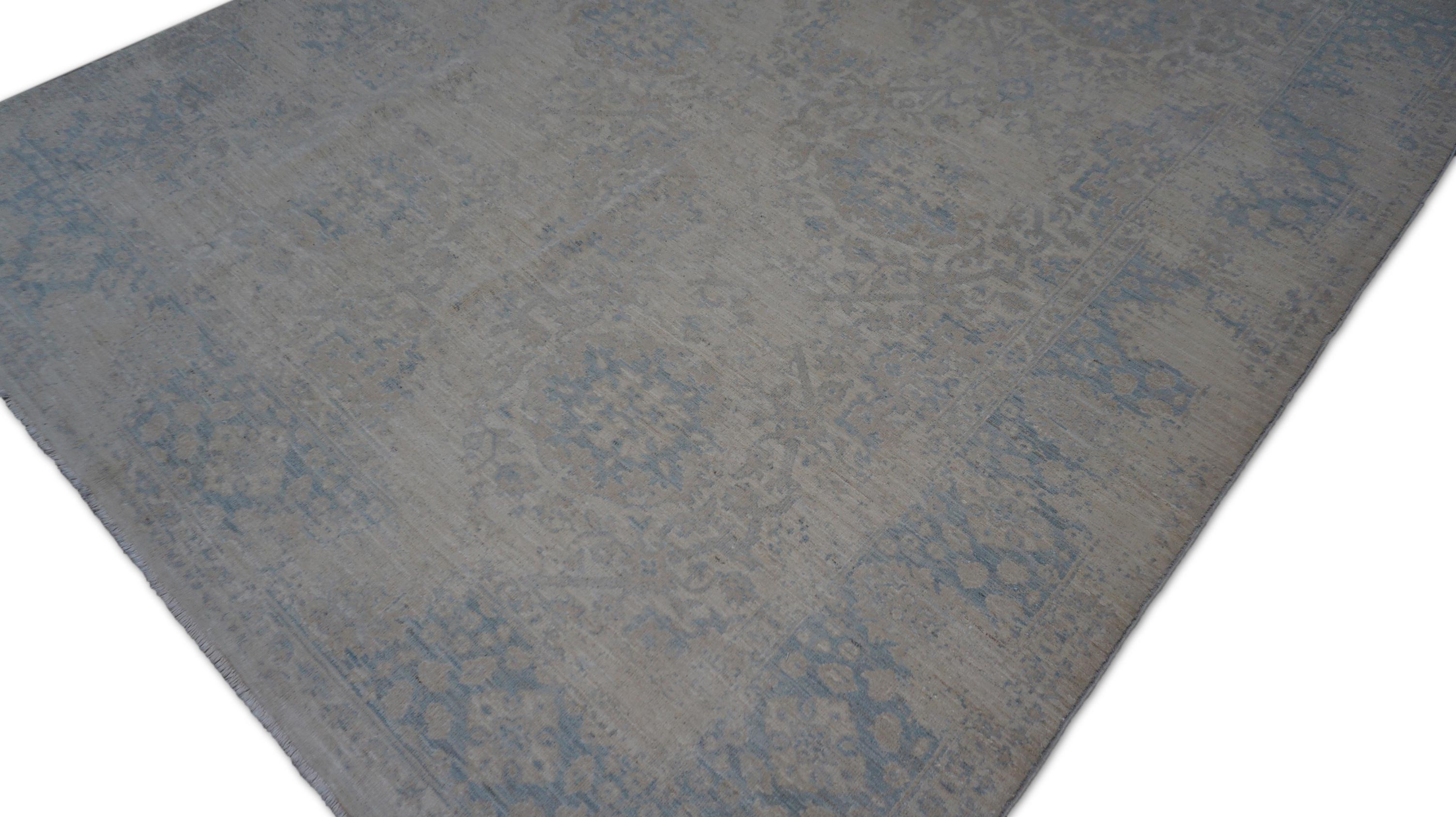 Contemporary Neo-Classical Oushak Soft Blue and Ivory Designed Wool Rug 5'6''x7'5'' For Sale
