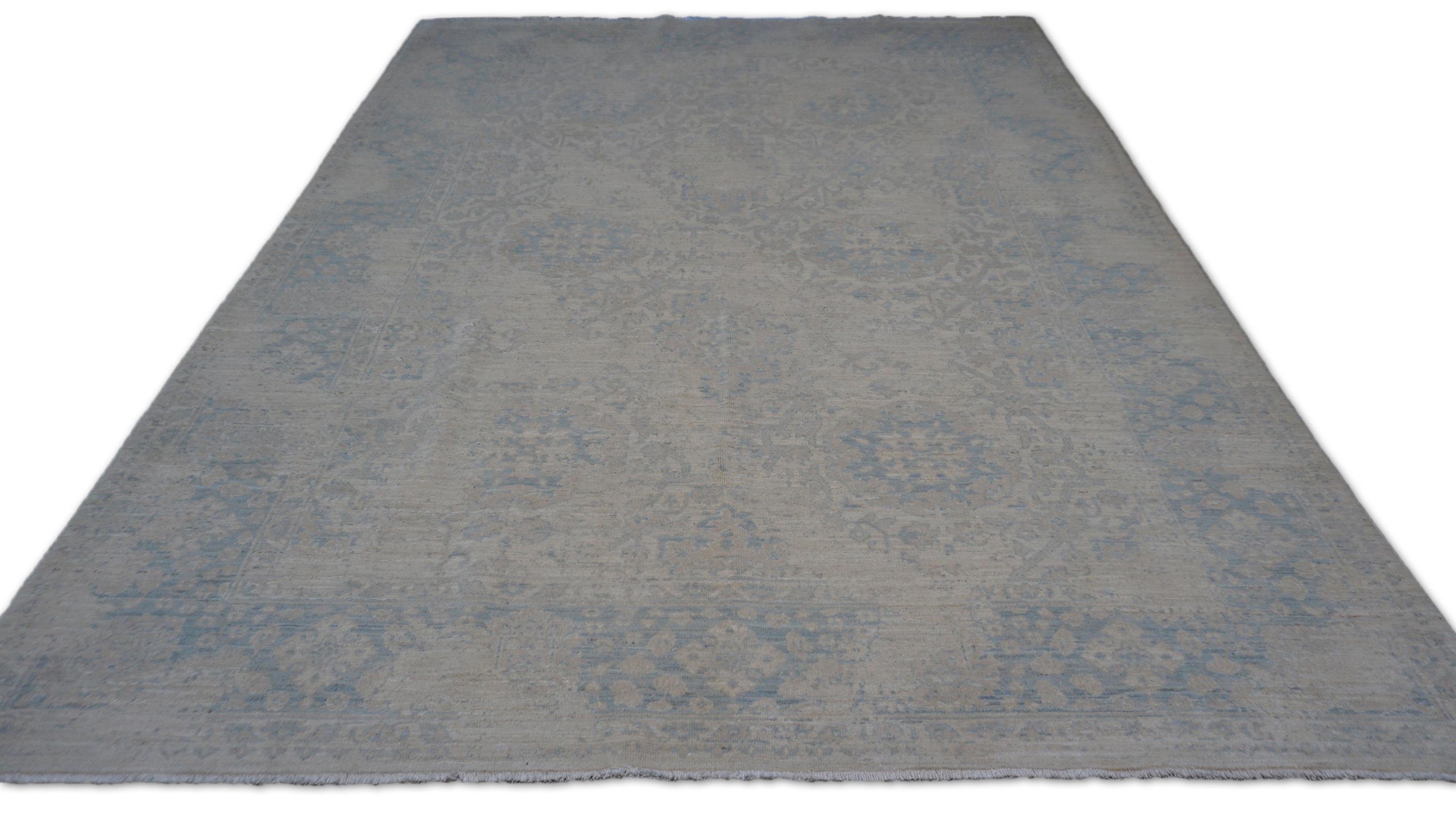 Neo-Classical Oushak Soft Blue and Ivory Designed Wool Rug 5'6''x7'5'' For Sale 1
