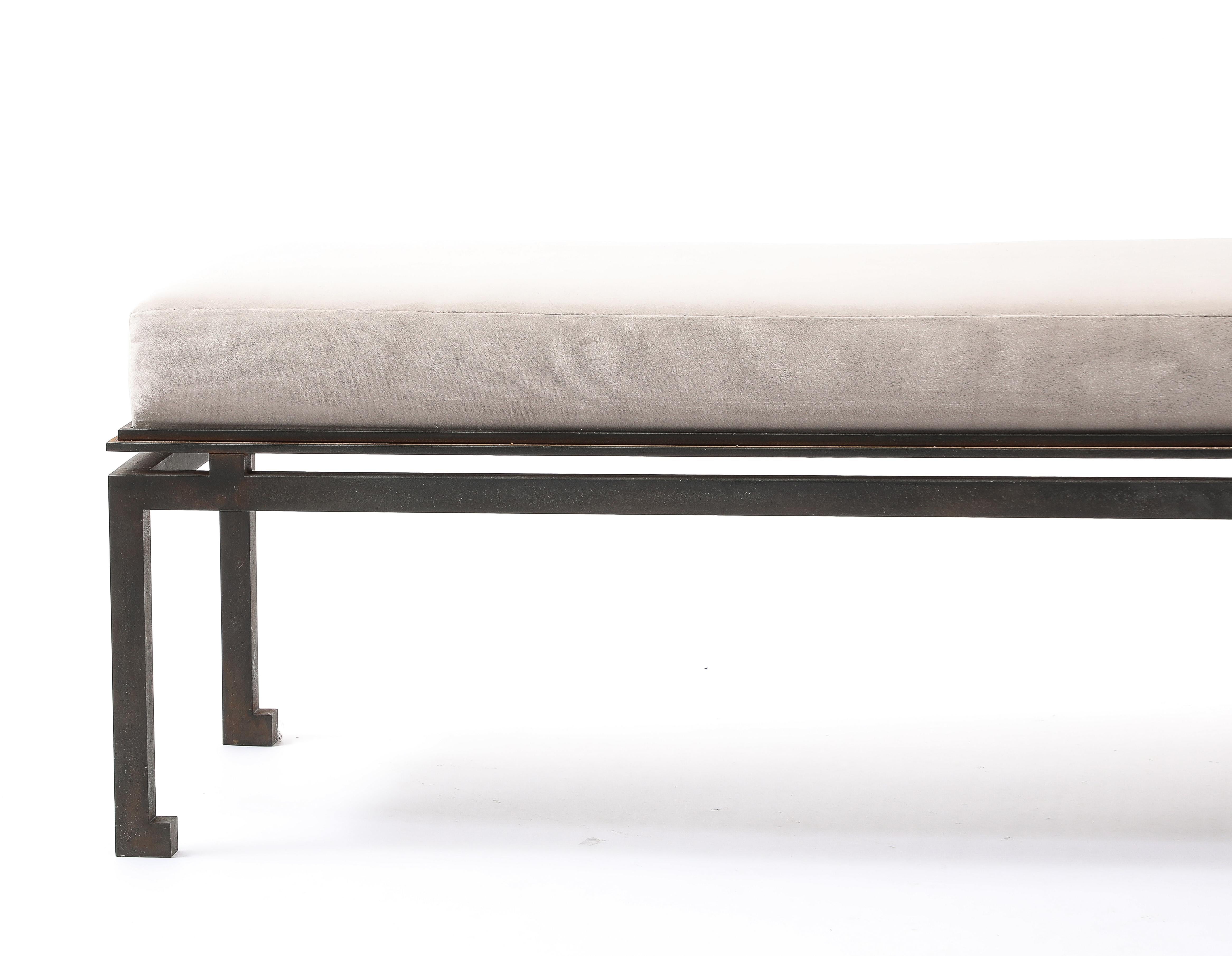 Neo Classical Patinated Steel & Upholstery Maison Ramsay Bench - France 1960's For Sale 6