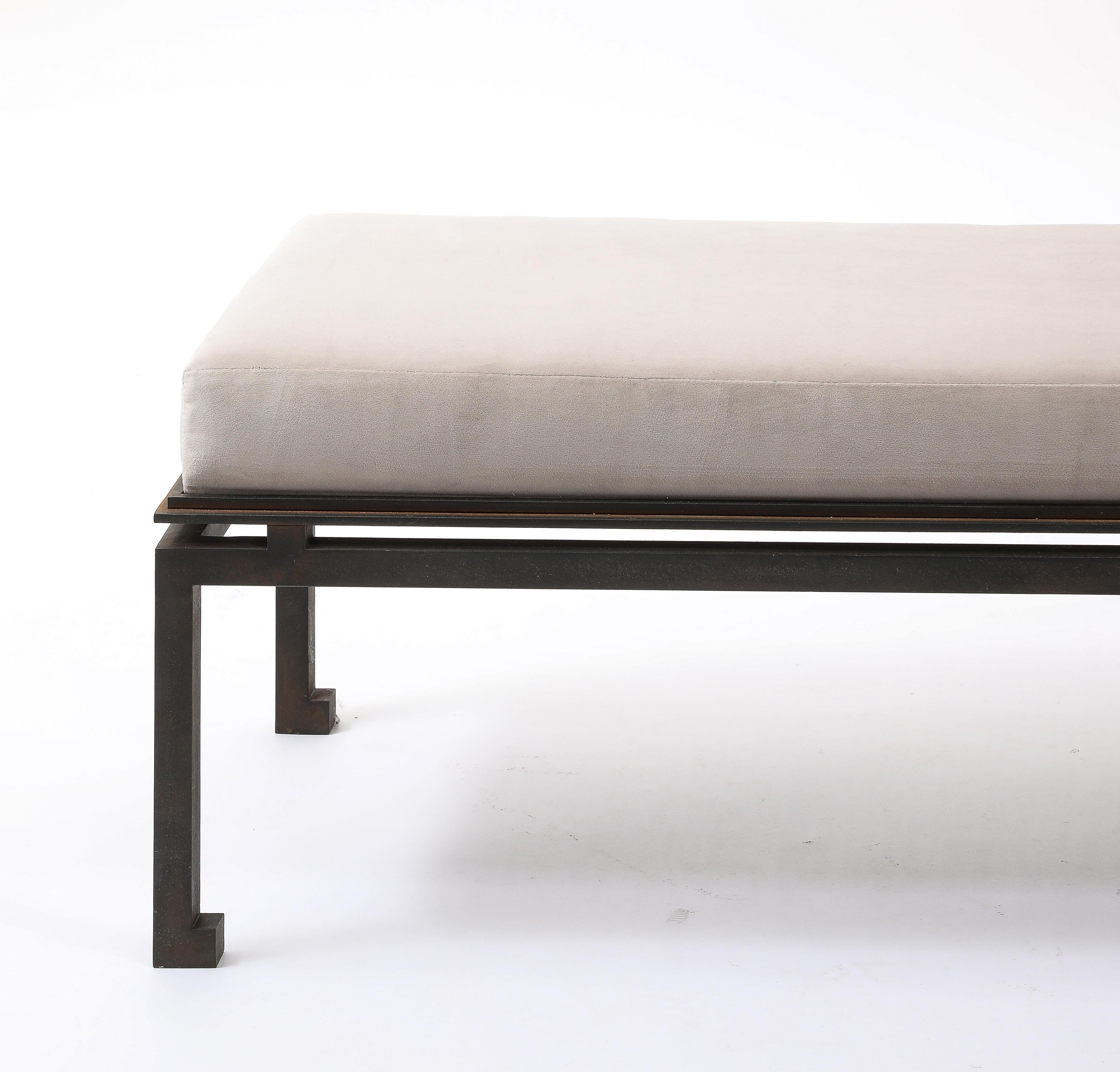 Neo Classical Patinated Steel & Upholstery Maison Ramsay Bench - France 1960's For Sale 7