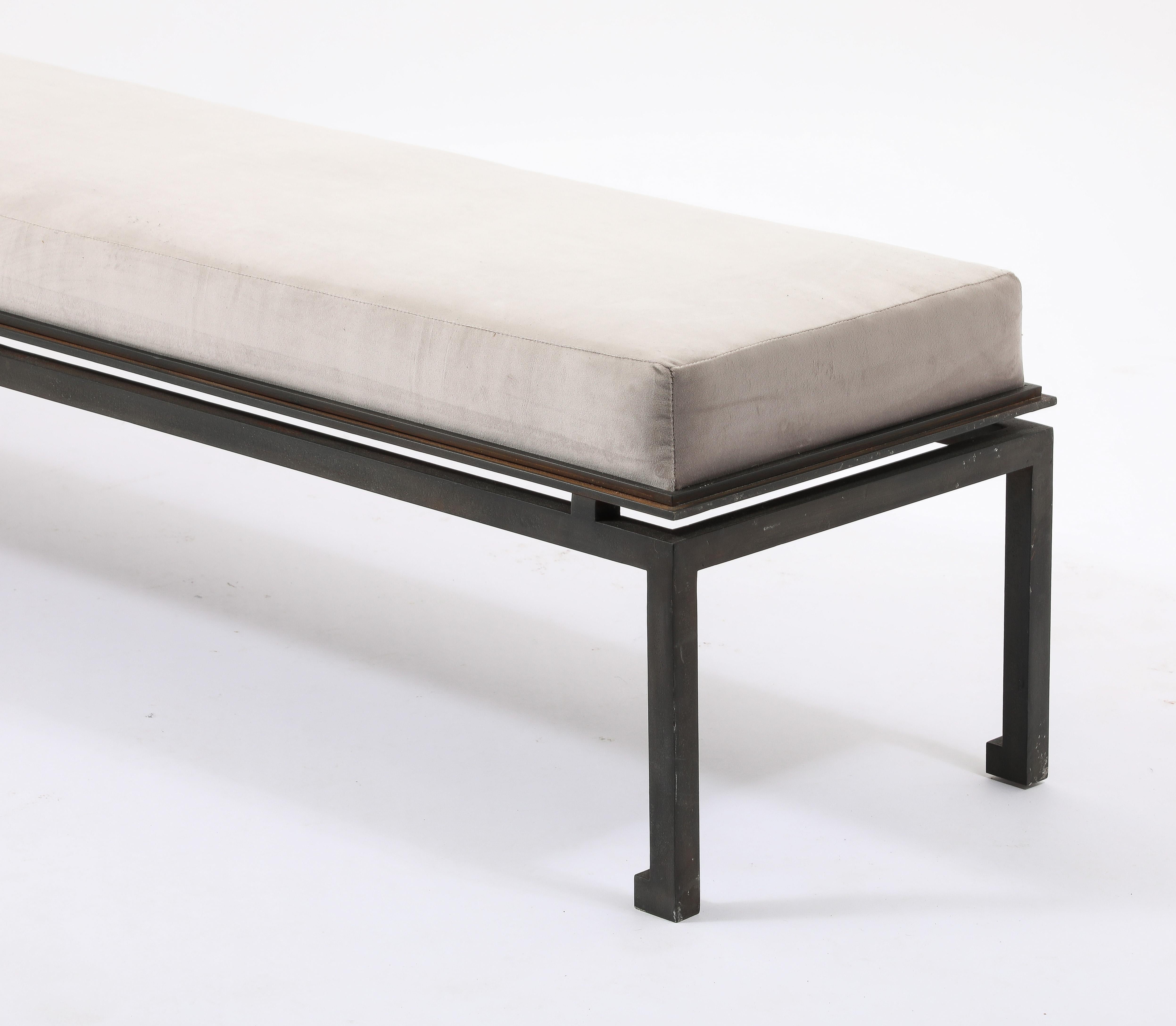 Neo Classical Patinated Steel & Upholstery Maison Ramsay Bench - France 1960's For Sale 8