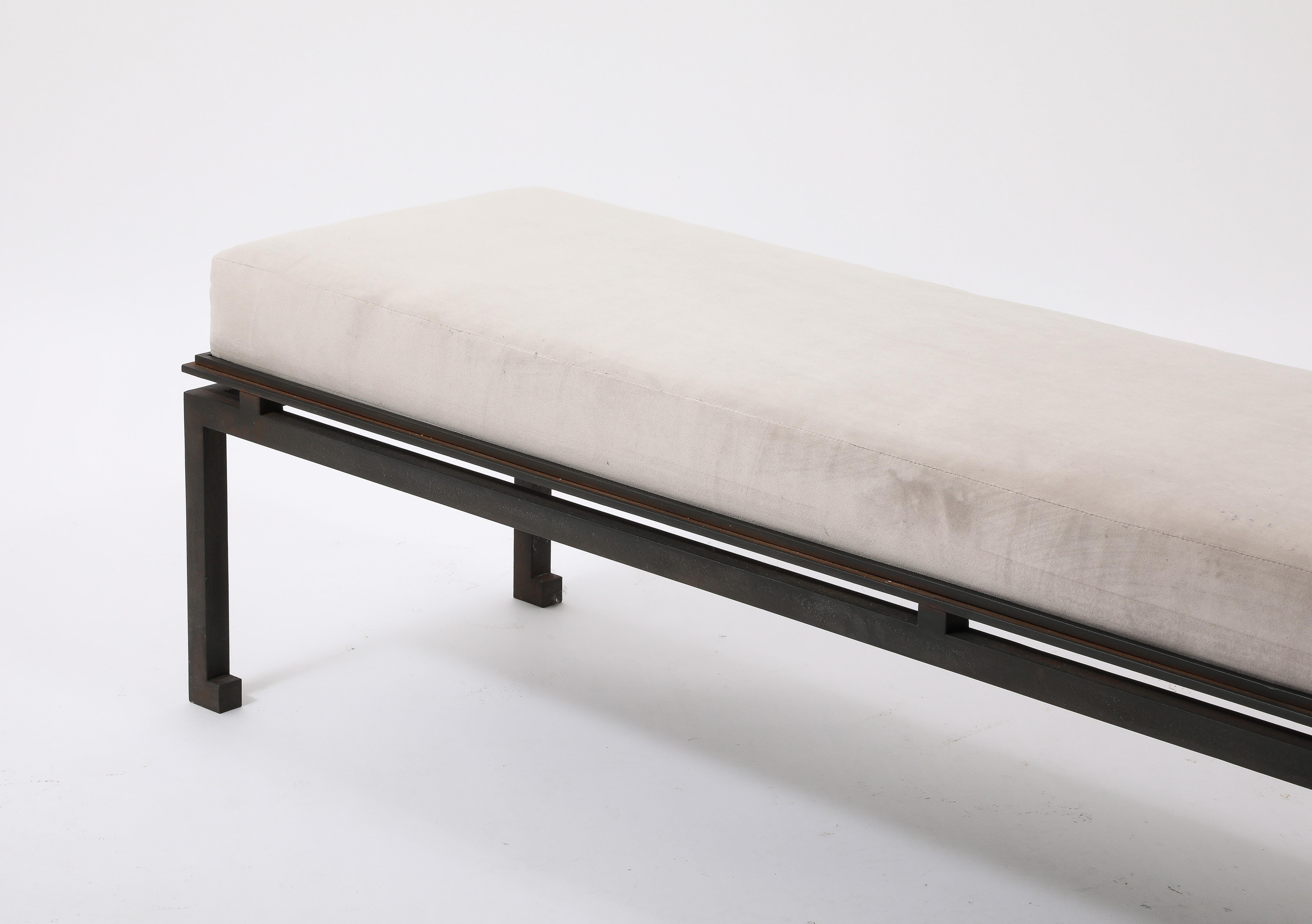 Neo Classical Patinated Steel & Upholstery Maison Ramsay Bench - France 1960's For Sale 9