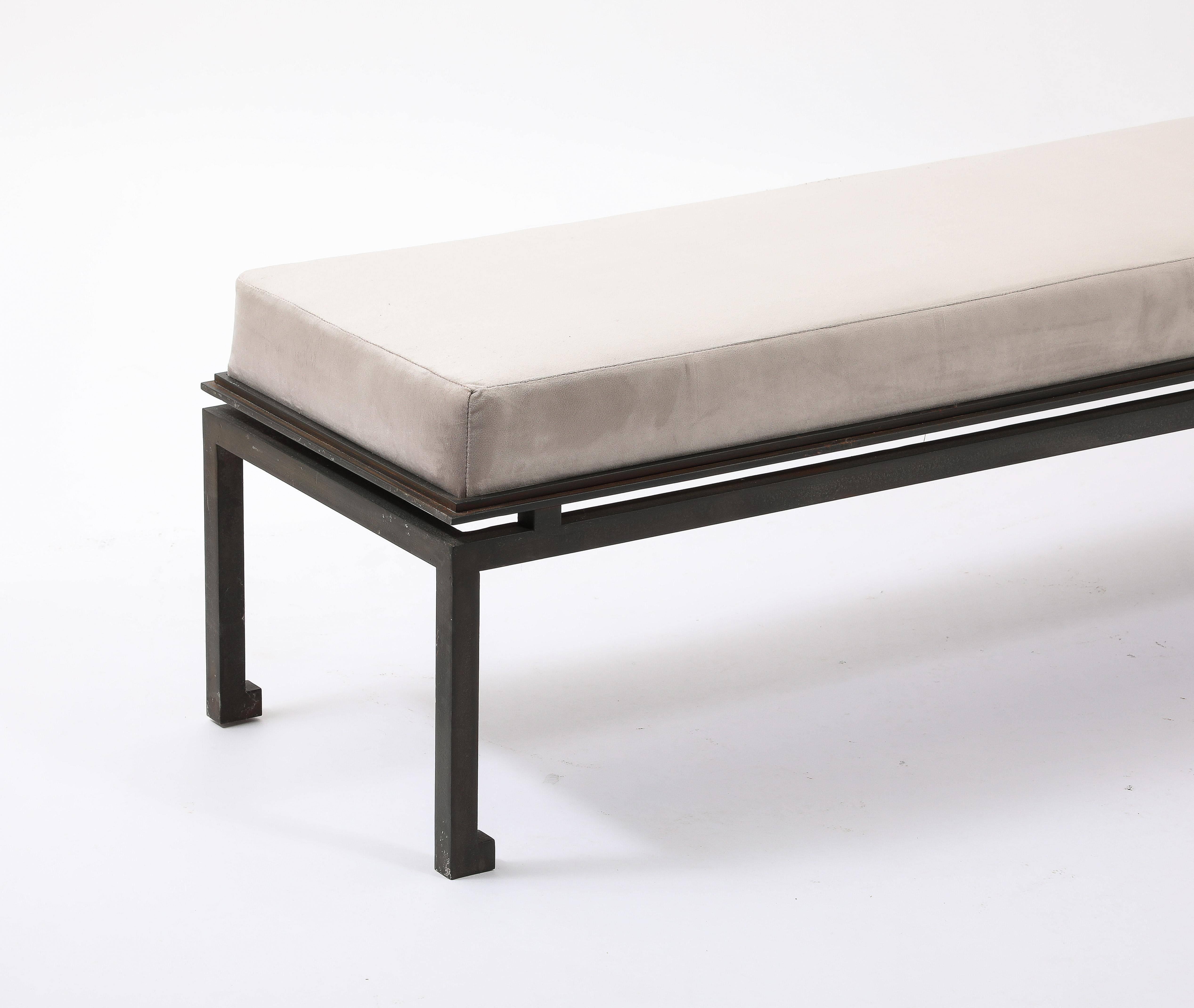 Neo Classical Patinated Steel & Upholstery Maison Ramsay Bench - France 1960's For Sale 10