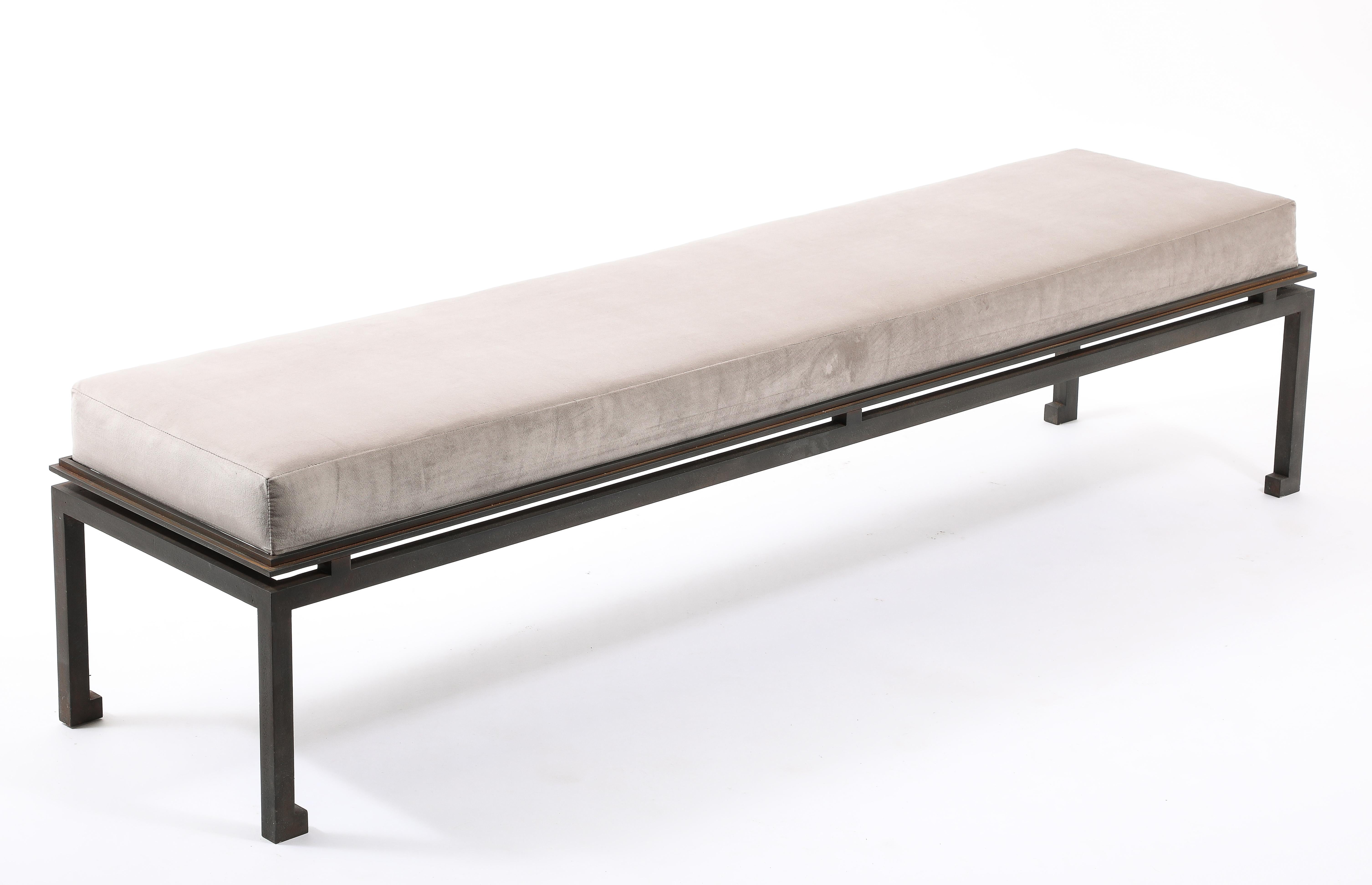Neo Classical Patinated Steel & Upholstery Maison Ramsay Bench - France 1960's In Good Condition For Sale In New York, NY