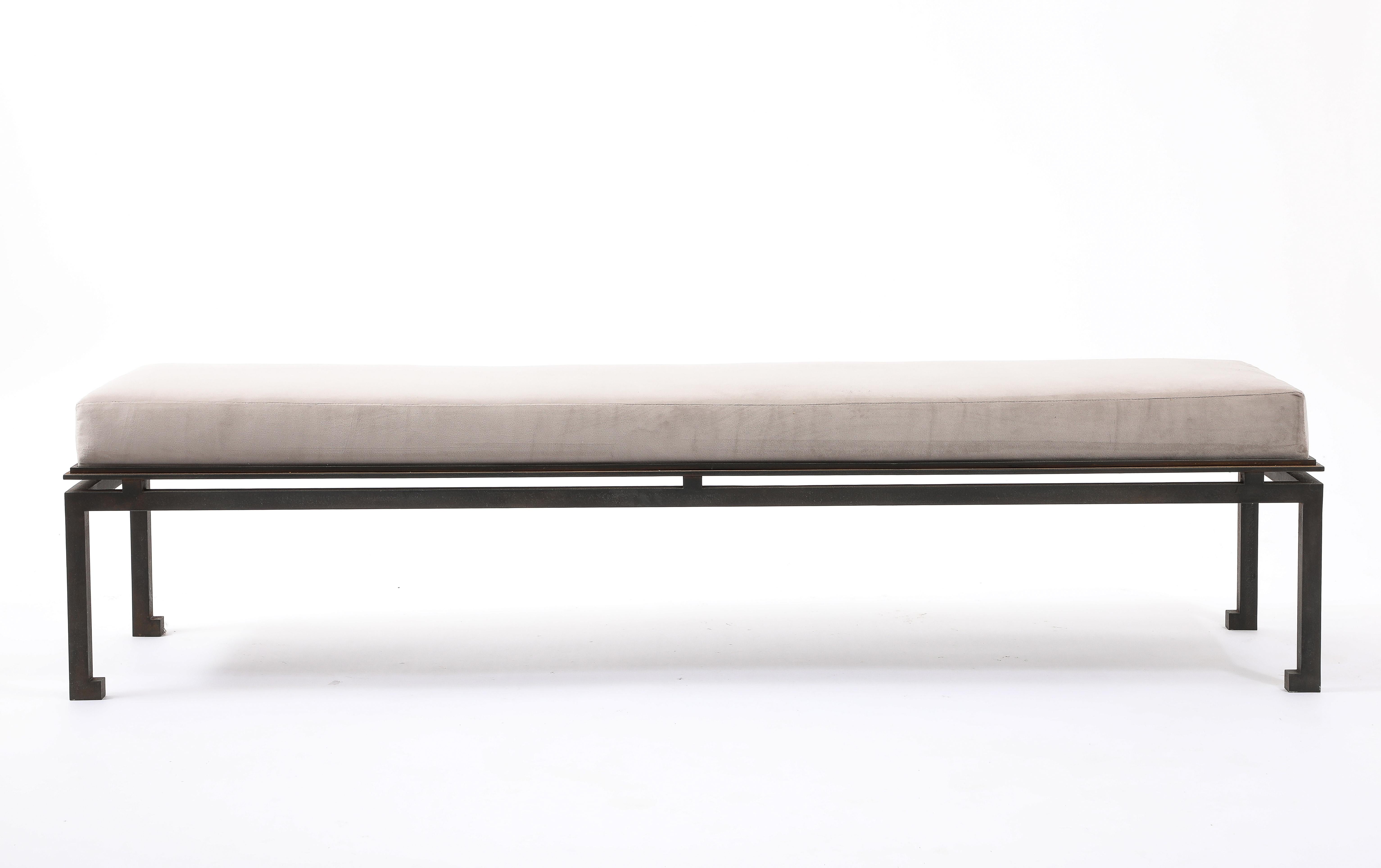 Mid-20th Century Neo Classical Patinated Steel & Upholstery Maison Ramsay Bench - France 1960's For Sale