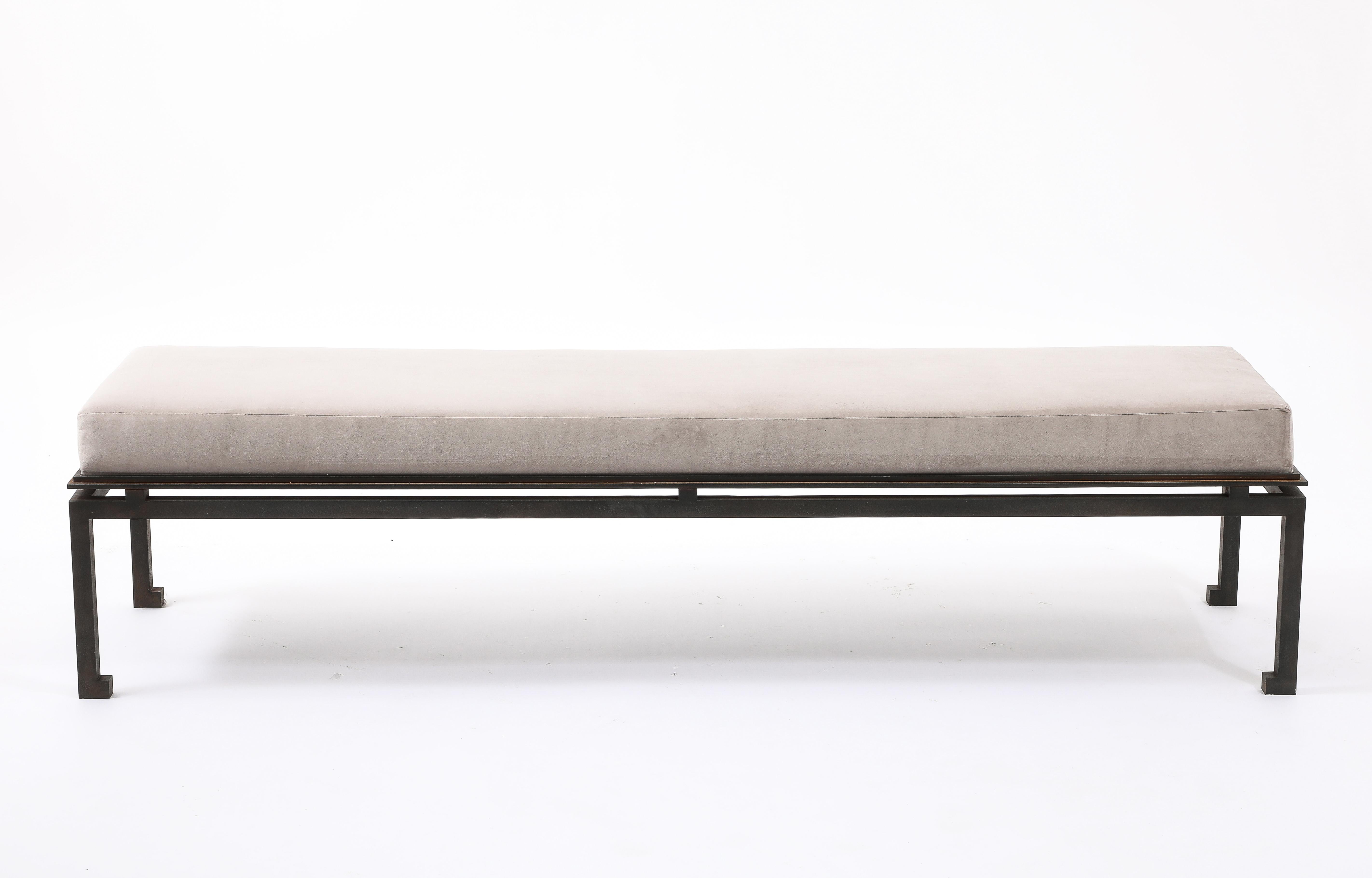 Neo Classical Patinated Steel & Upholstery Maison Ramsay Bench - France 1960's For Sale 1