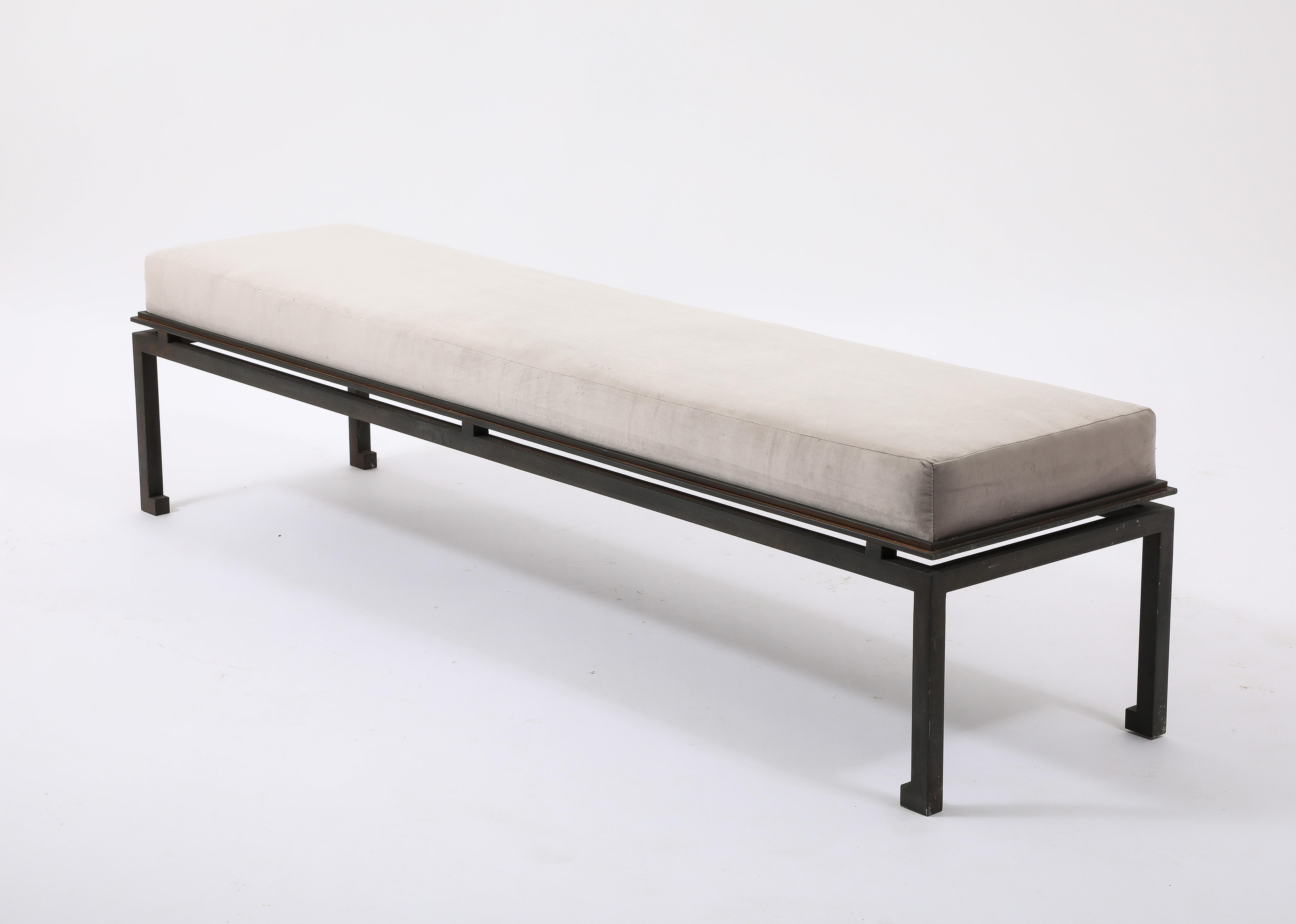 Neo Classical Patinated Steel & Upholstery Maison Ramsay Bench - France 1960's For Sale 2
