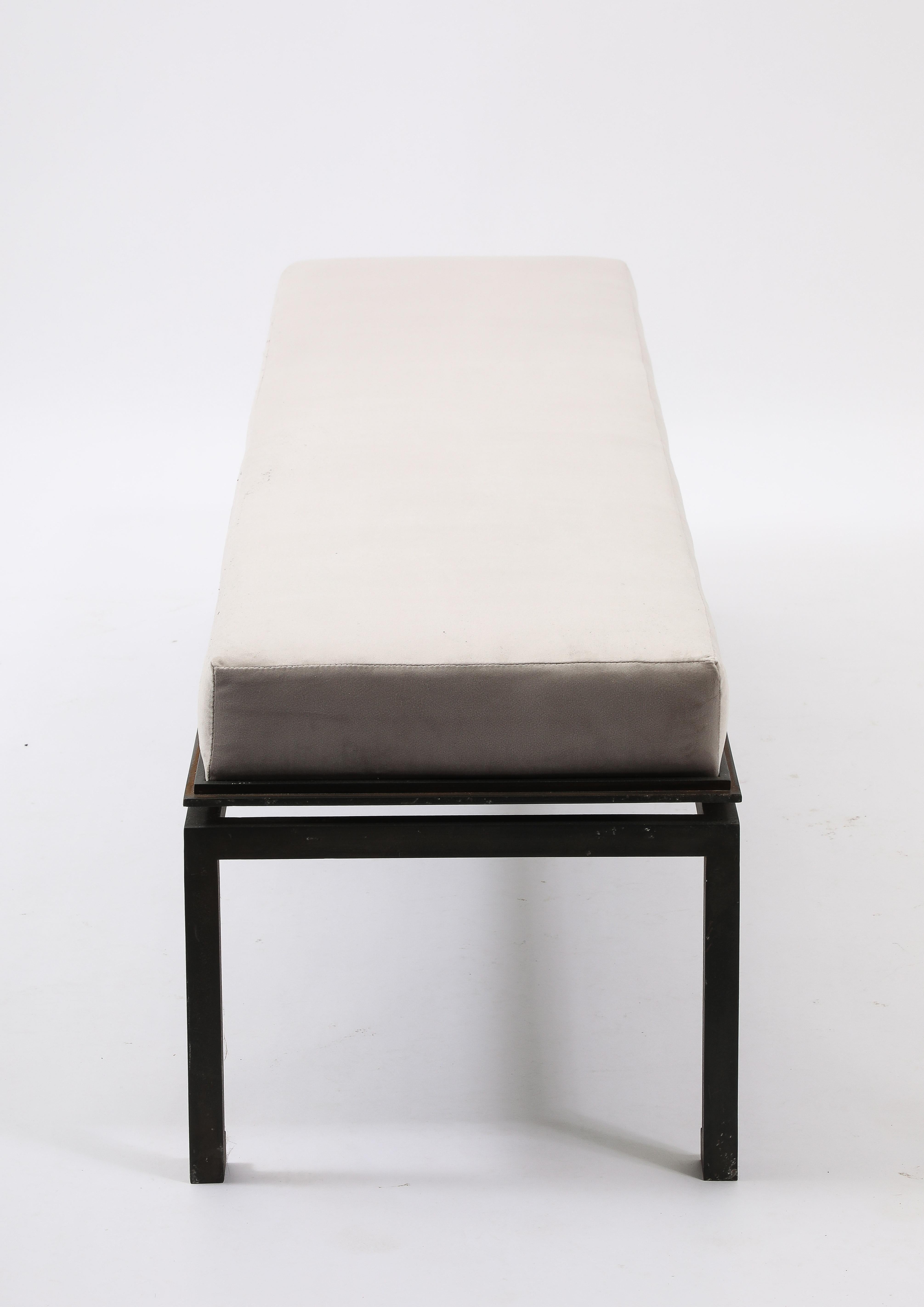 Neo Classical Patinated Steel & Upholstery Maison Ramsay Bench - France 1960's For Sale 3