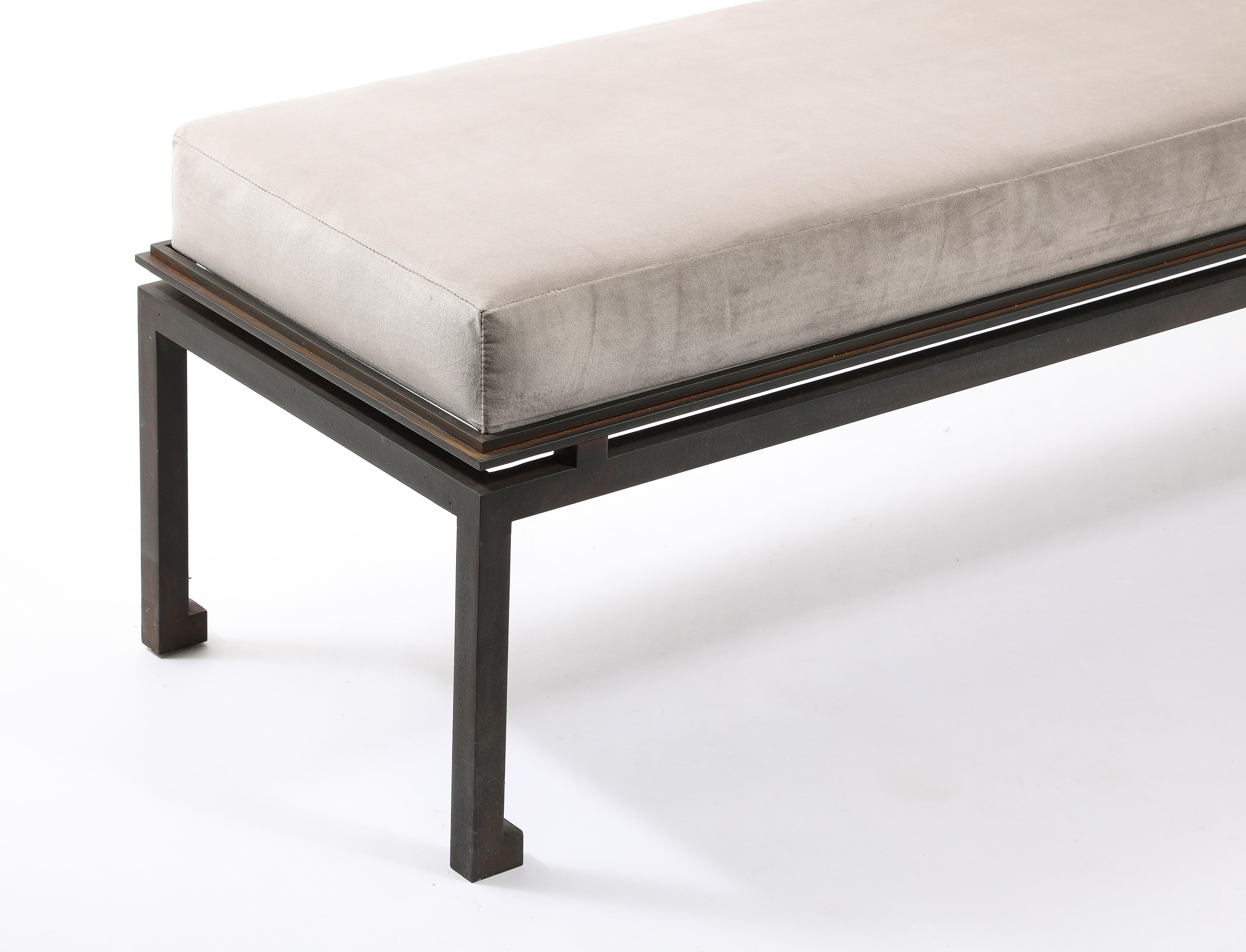 Neo Classical Patinated Steel & Upholstery Maison Ramsay Bench - France 1960's For Sale 5