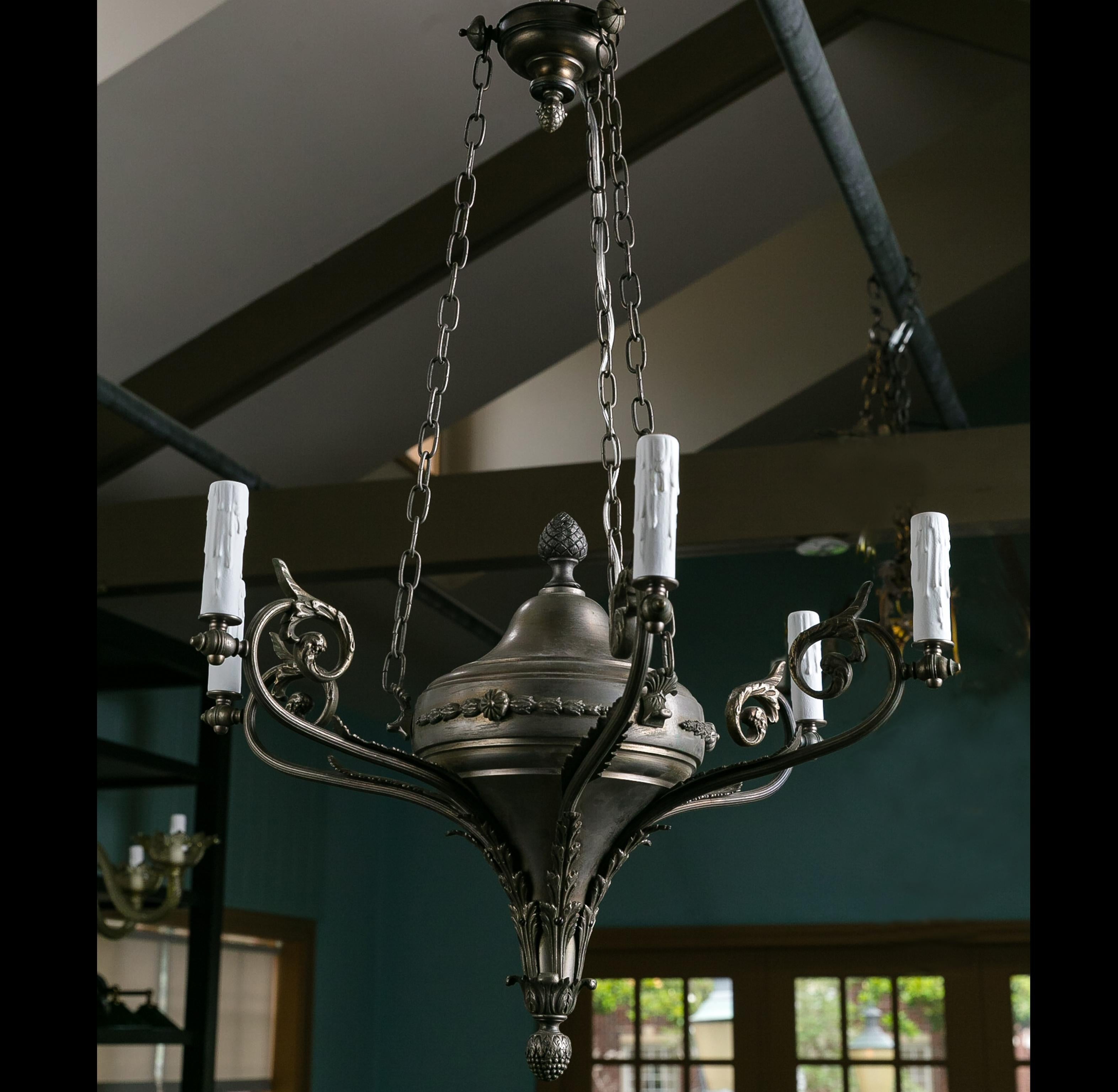 Neoclassical Pewter Chandelier with Six Arms in LouisXV style.  In Good Condition In Houston, TX