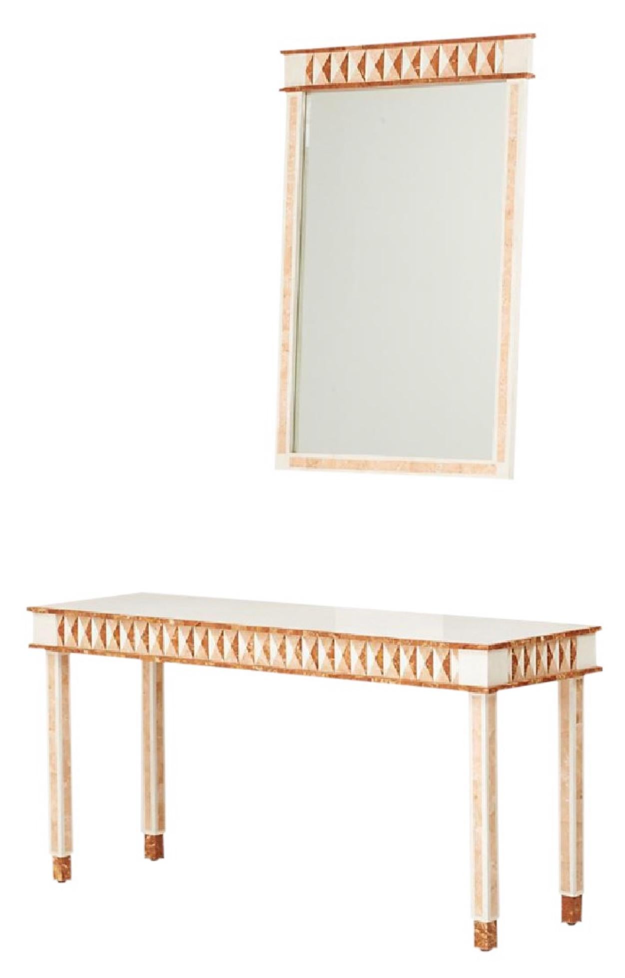 Neoclassical tessellated marble Maitland-Smith console table and wall mirror, 1980s

Stunning tessellated marble console table and wall mirror set by Maitland Smith. Lovely geometric pattern, juxtaposition of cream, red and coral pink marble.