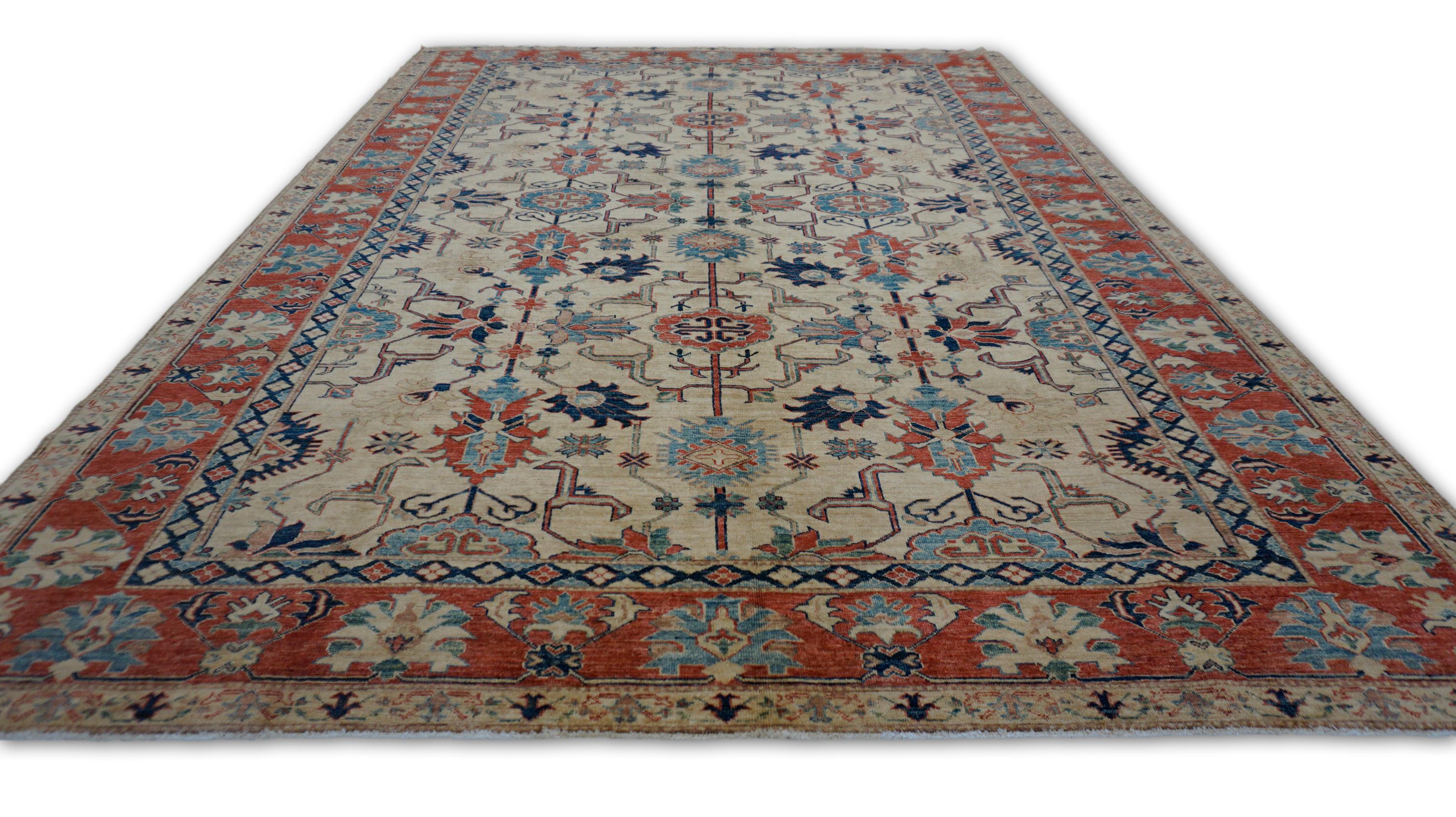Alfombra neoclásica roja y azul Oushak 7'11''x11'5'' Neoclásico en venta