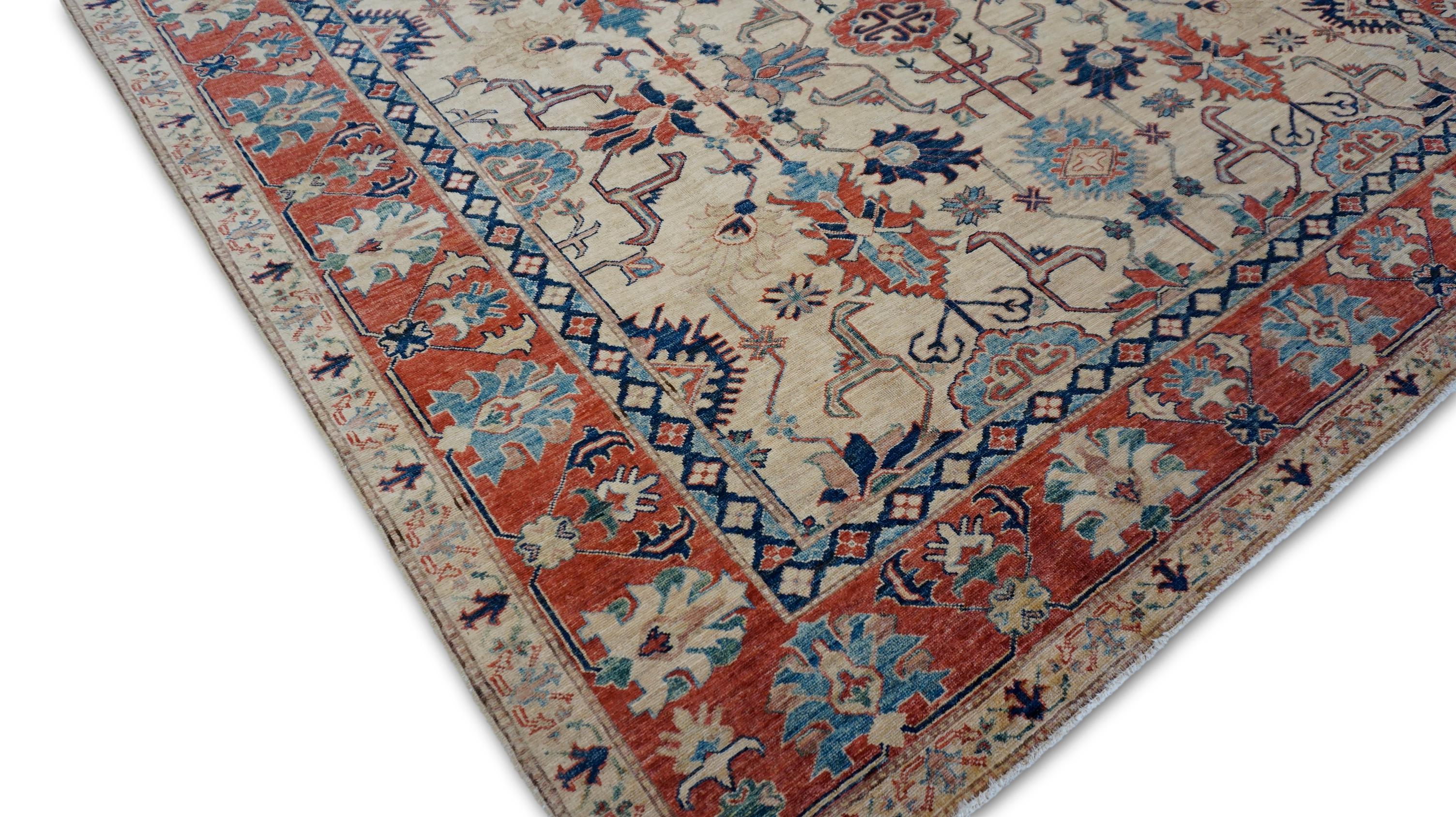 Alfombra neoclásica roja y azul Oushak 7'11''x11'5'' Pakistaní en venta