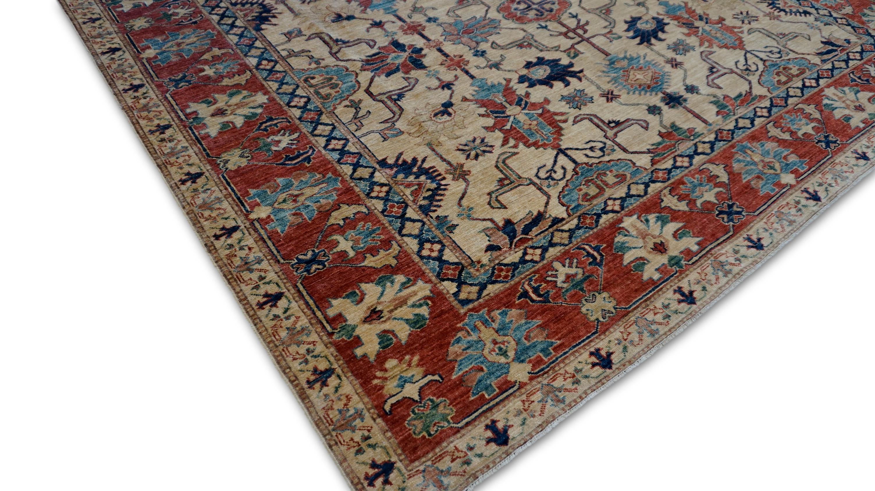 Alfombra neoclásica roja y azul Oushak 7'11''x11'5'' en Nuevo estado para la venta en Torrance, CA