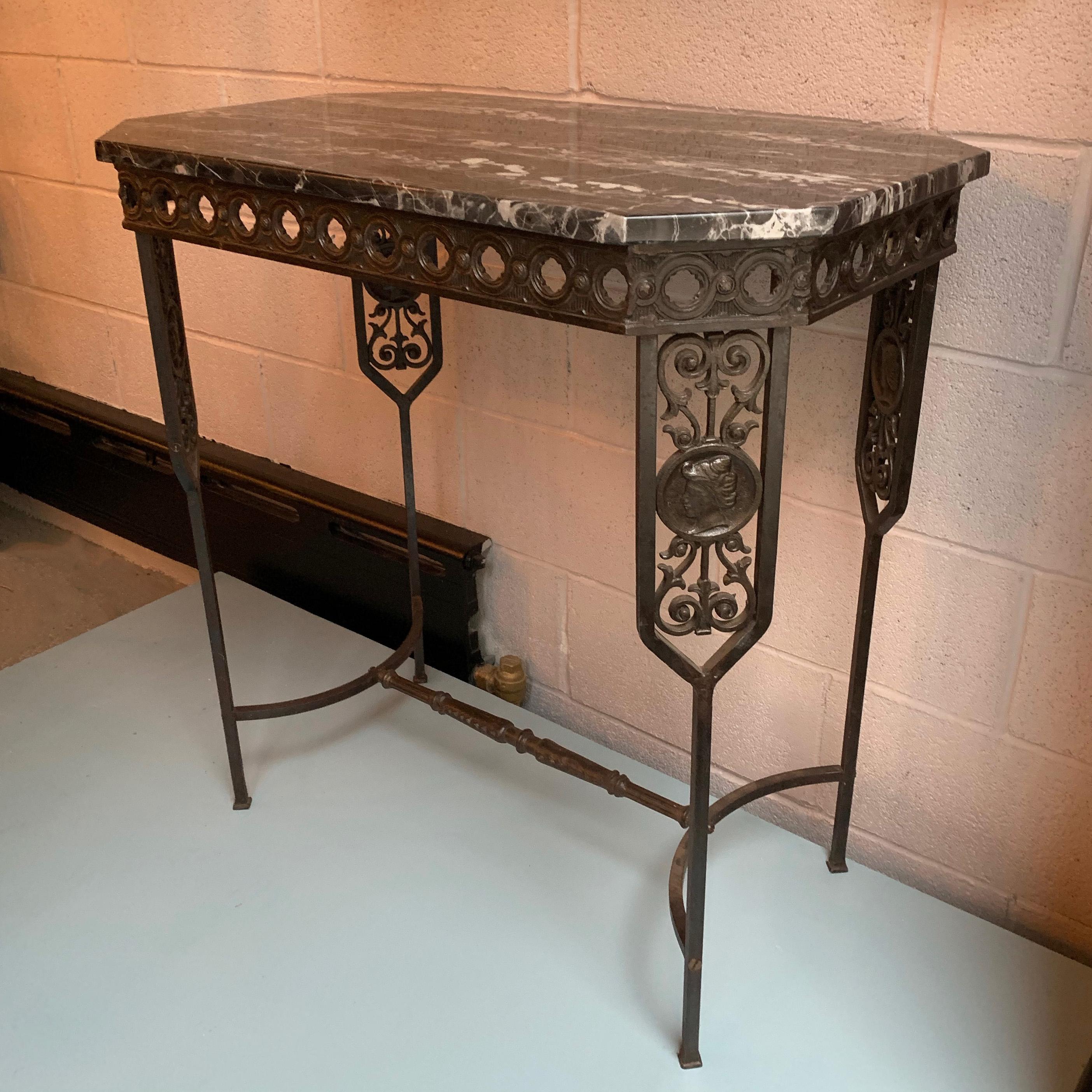 Cast Neoclassical Revival Marble and Wrought Iron Console Table