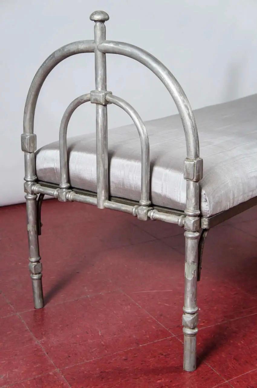 Hollywood Regency Neo-Classical Revival Silver Pewter Finish Metal Upholstered Bench For Sale