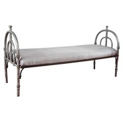 Neo-Classical Revival Silver Pewter Finish Metal Upholstered Bench