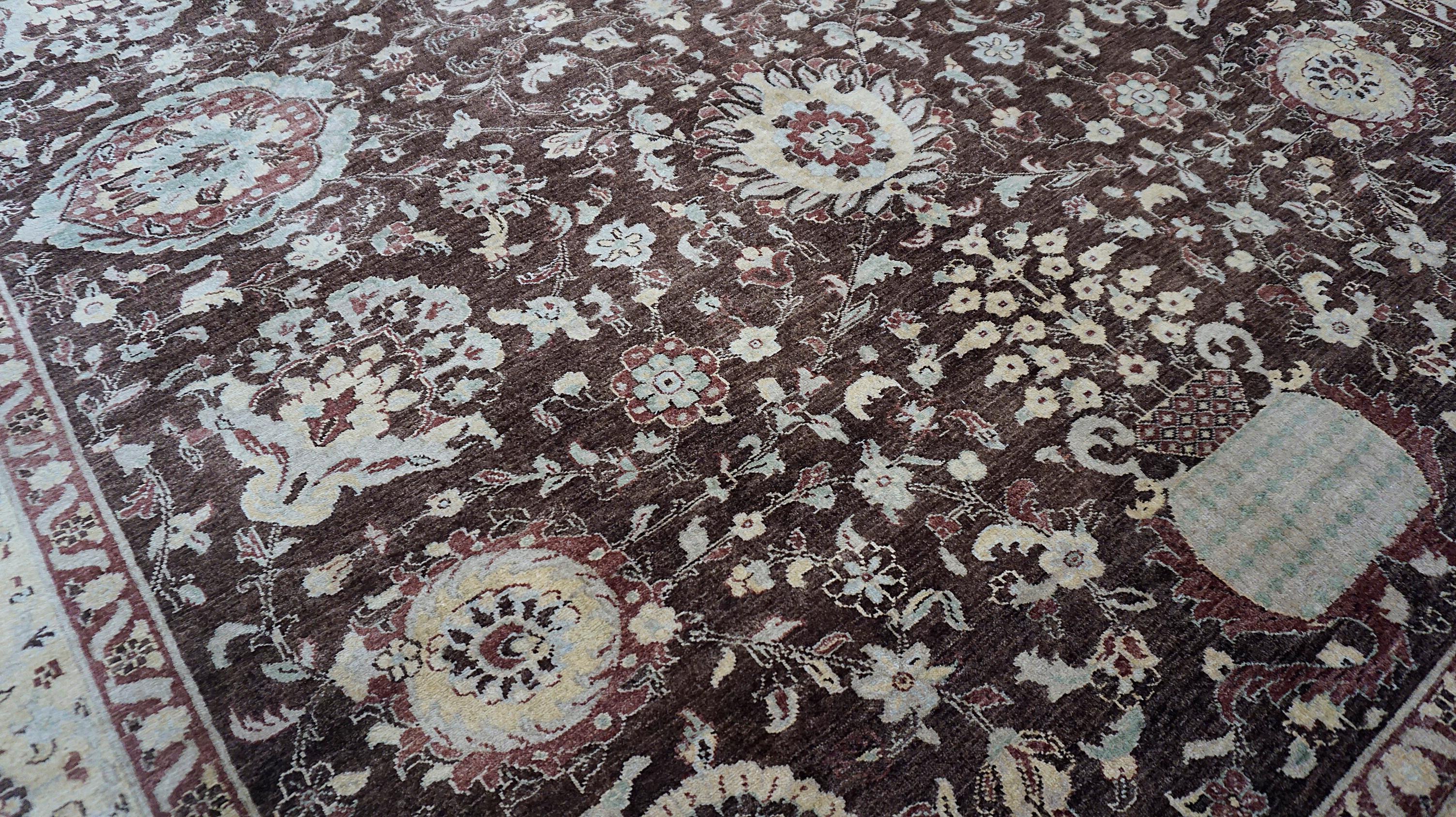 Alfombra neoclásica de lana rica chocolate y beige Sultanabad Rugs 9'x12'1'' Pakistaní en venta