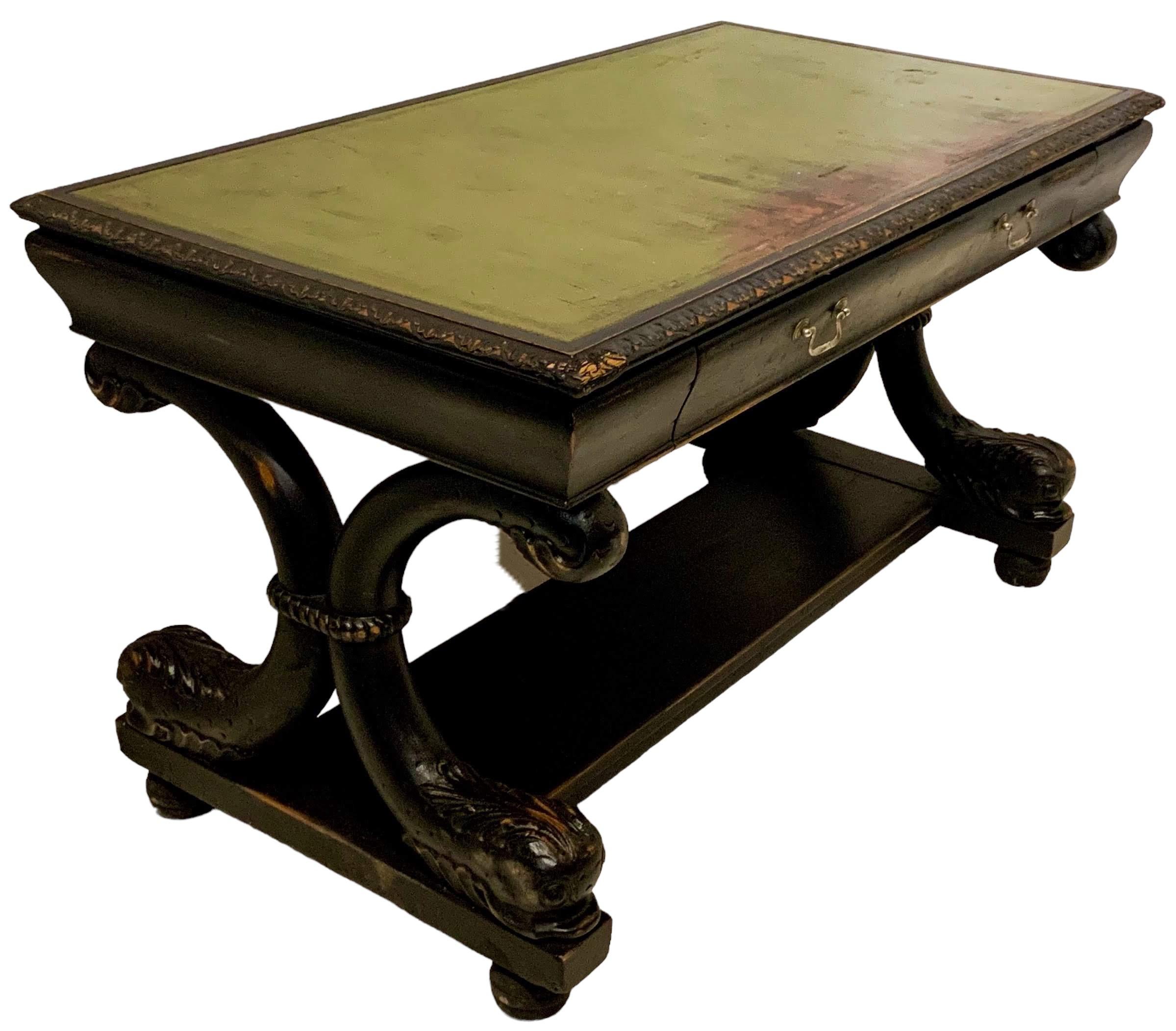 Neo-Classical R.J. Horner Style Desk / Table Green Leather Top & Dolphin Base For Sale 4