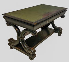 Neo-Classical R.J. Horner Style Desk / Table Green Leather Top & Dolphin Base
