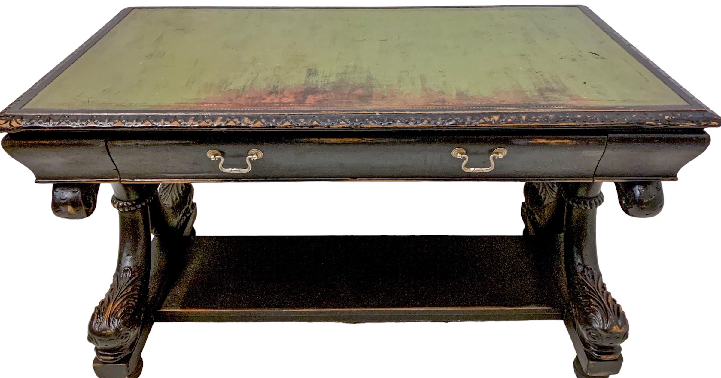 Neoclassical Neo-Classical R.J. Horner Style Desk / Table Green Leather Top & Dolphin Base For Sale