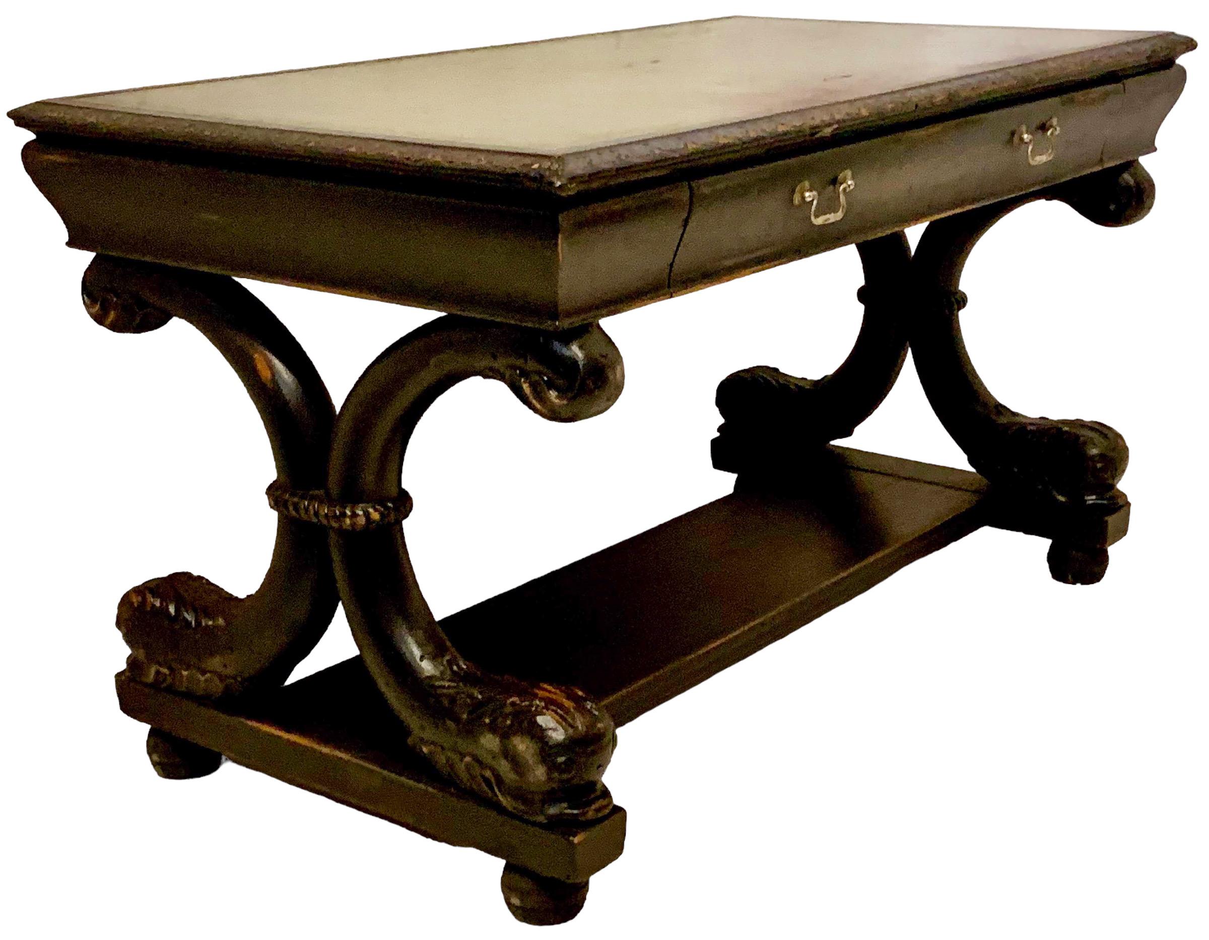 Neo-Classical R.J. Horner Style Desk / Table Green Leather Top & Dolphin Base In Good Condition For Sale In Kennesaw, GA