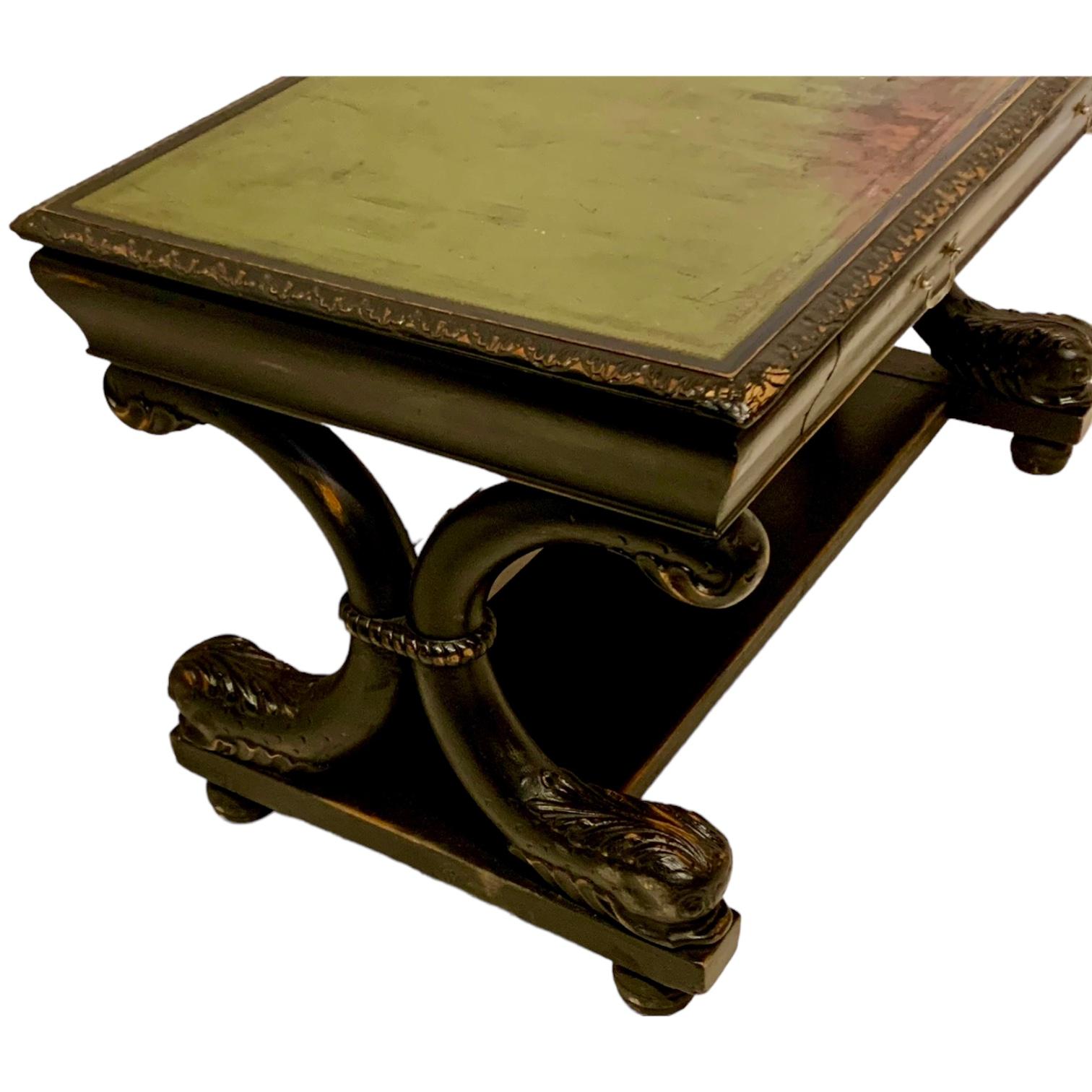 Neo-Classical R.J. Horner Style Desk / Table Green Leather Top & Dolphin Base For Sale 2