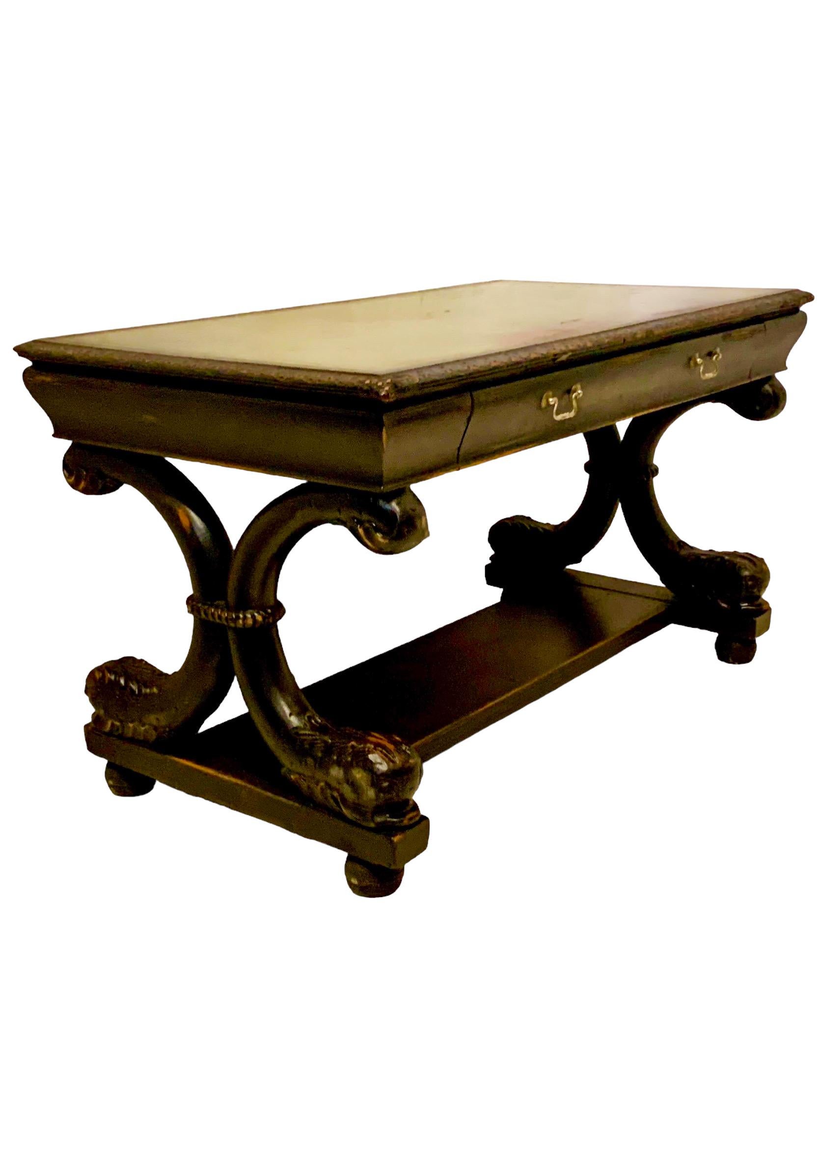 Neo-Classical R.J. Horner Style Desk / Table Green Leather Top & Dolphin Base For Sale 3