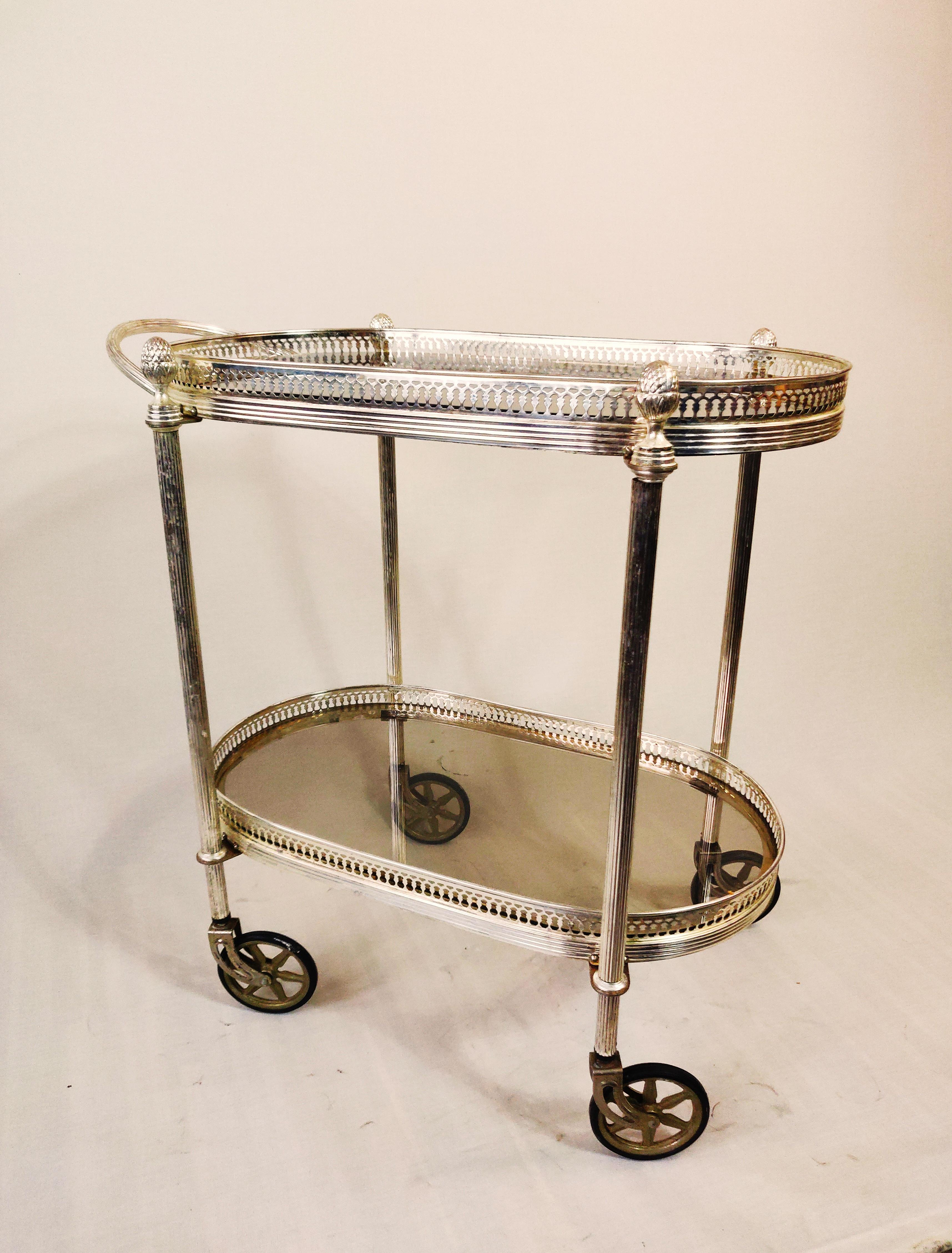 Neoclassical Neo classical silvered and glas drink trolley in style of Maison Jansen. For Sale