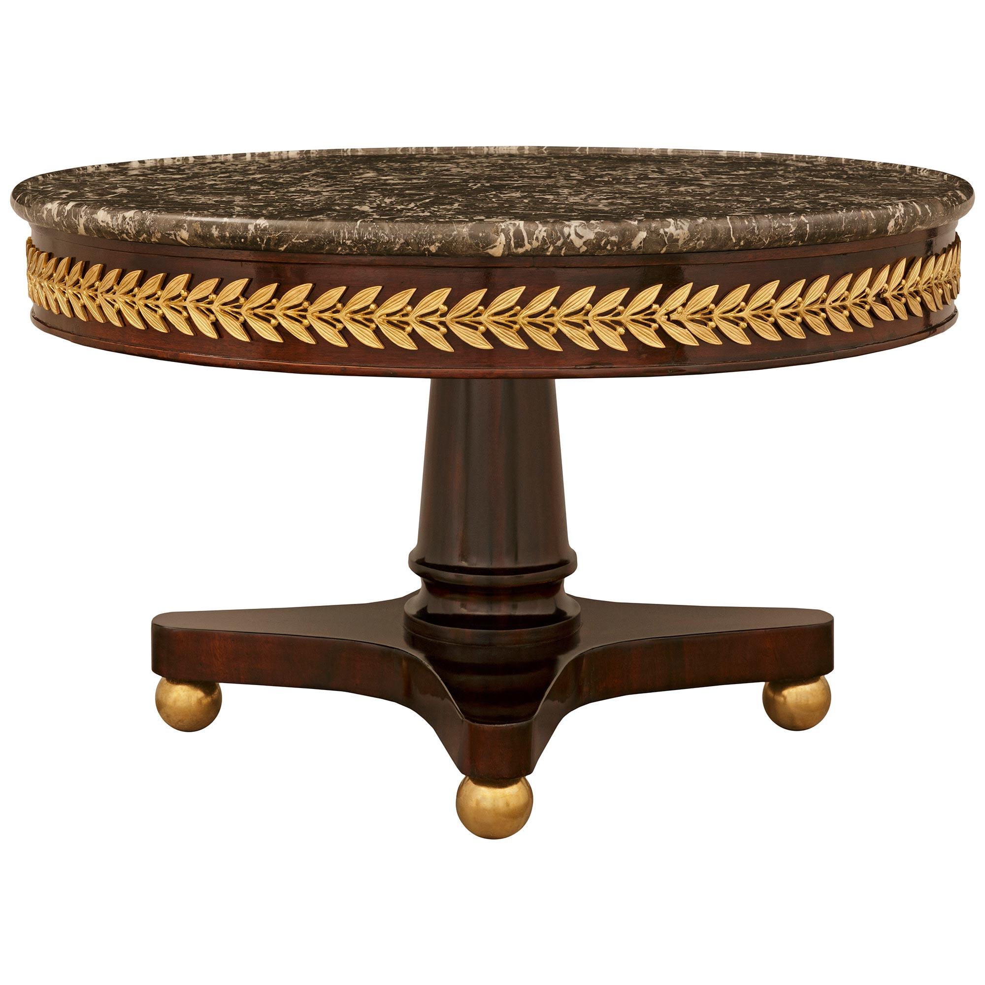 Neoclassical Neo-Classical st. Mahogany, Ormolu, and Gris St. Anne marble coffee table For Sale