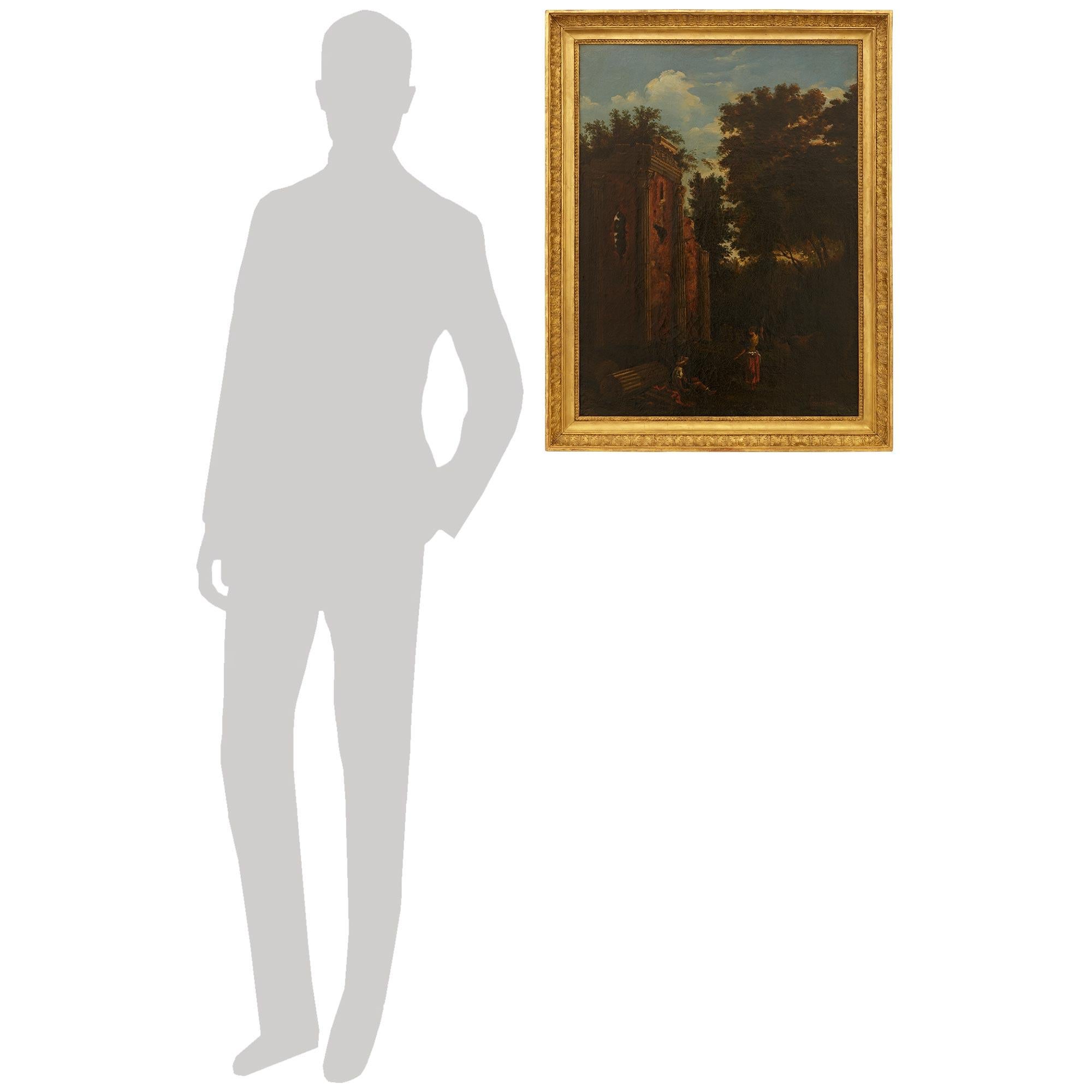 Ein wunderbar detailliertes italienisches neoklassizistisches Gemälde aus dem 19. Öl auf Leinwand und Giltwood Gemälde, signiert Courbet. Dieses atemberaubende Gemälde in Altmeisterqualität ist in den originalen Giltwood-Rahmen mit einem inneren