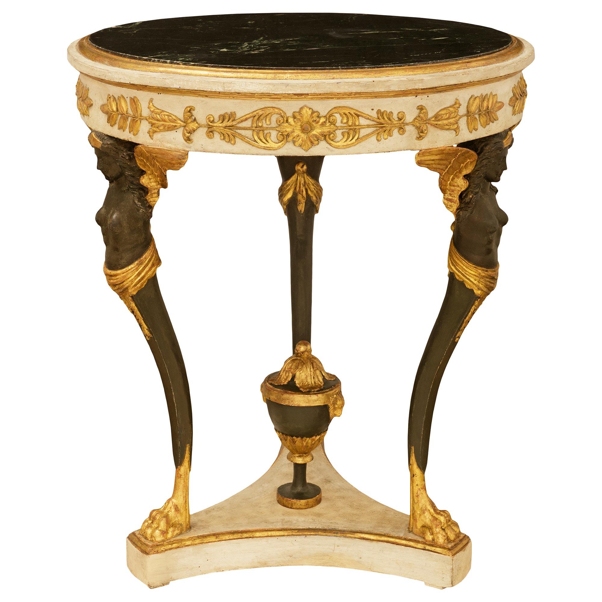 Neoclassical Neo-Classical st. patinated wood, Giltwood and Verde Antico marble side table For Sale