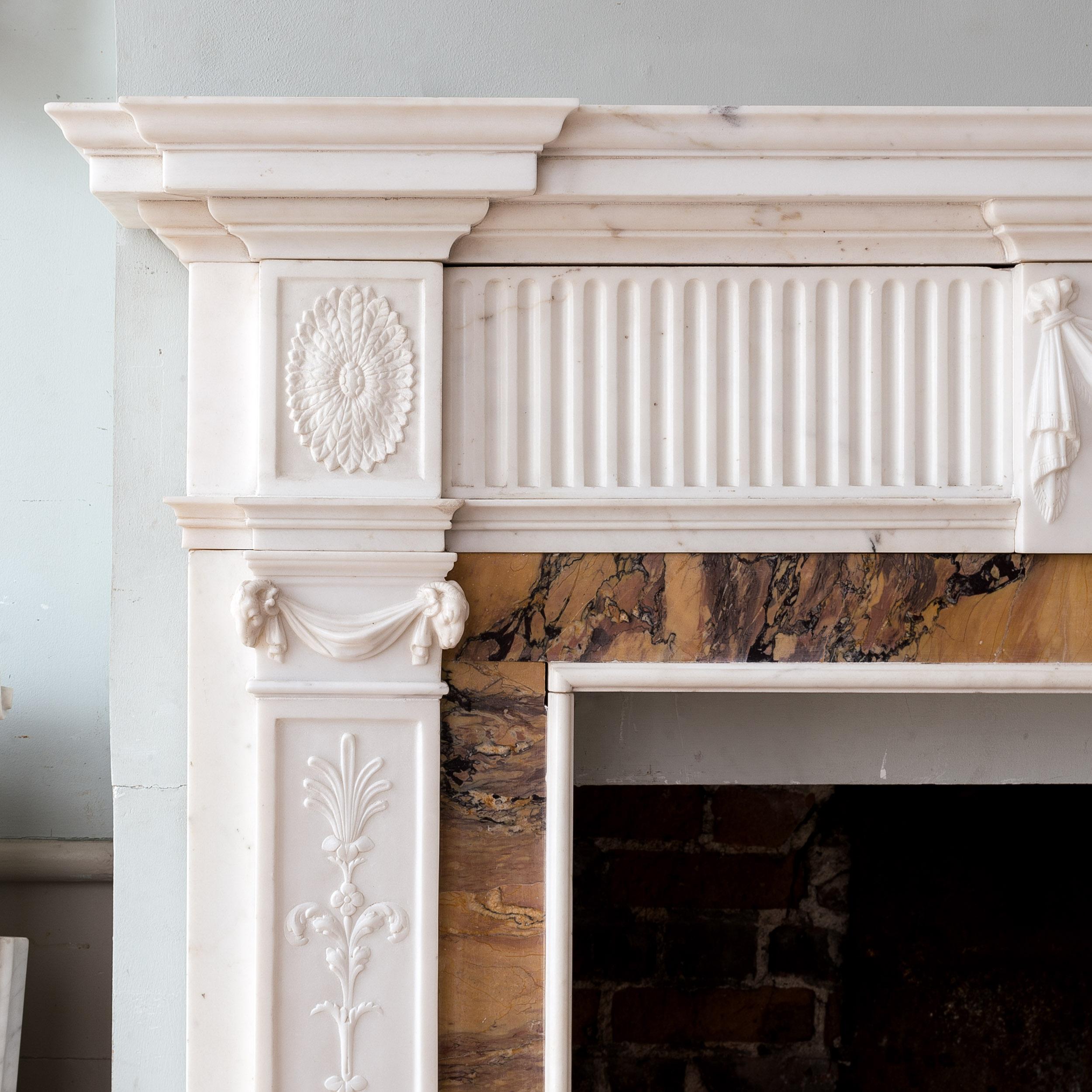 George III Neo-Classical Statuary and Sienna Marble Chimneypiece For Sale