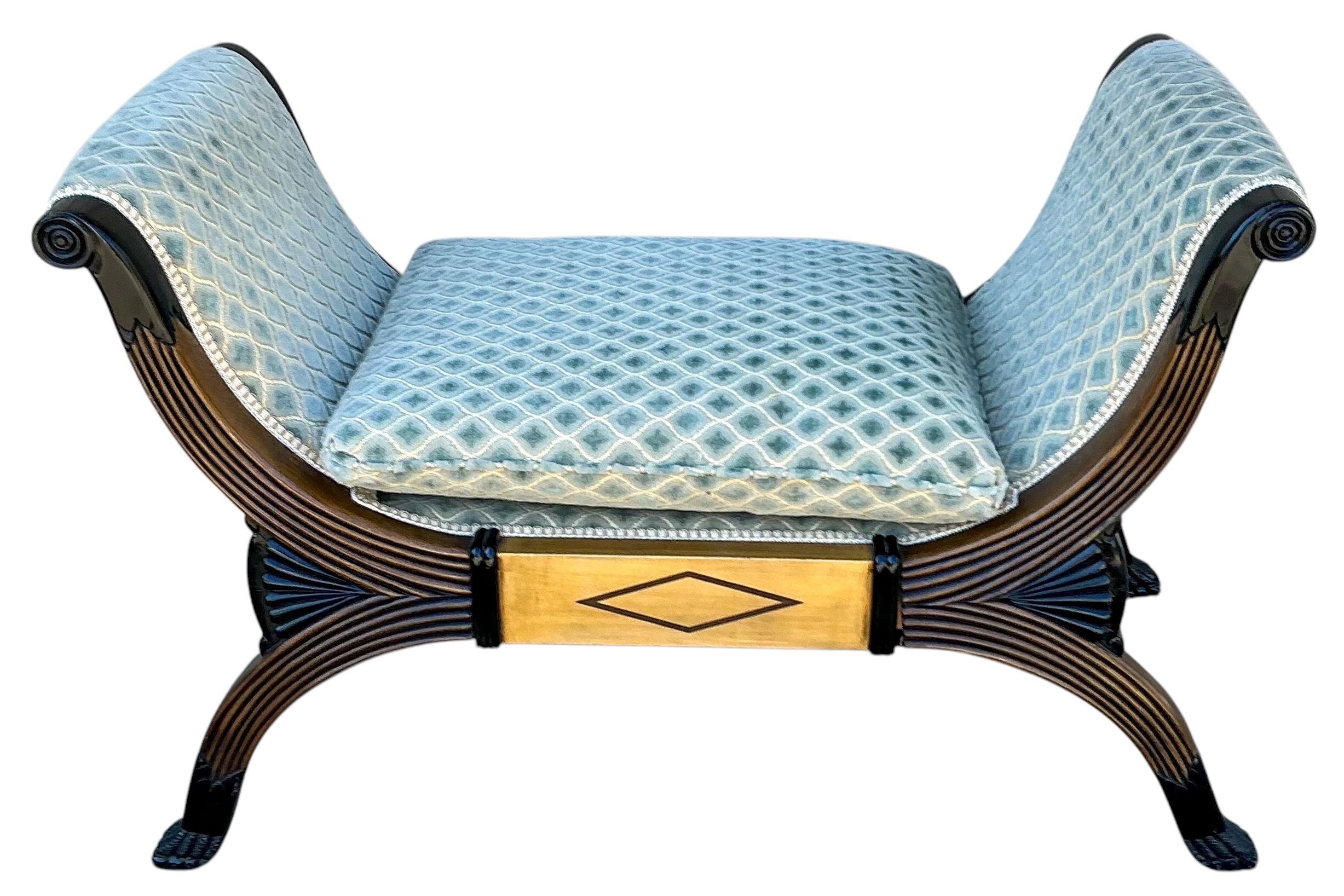 Neo-Classical Style Bench / Ottoman Celadon Cut Velvet - Ebonized Walnut Paws In Good Condition In Kennesaw, GA