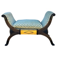 Neo-Classical Style Bank / Ottoman Celadon Cut Velvet - Ebonized Walnut Paws