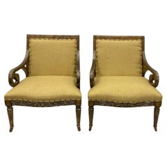 Neo-Classical Style Bergere  Chairs W/ Faux Tortoise & Silver Gilt Frames - Pair