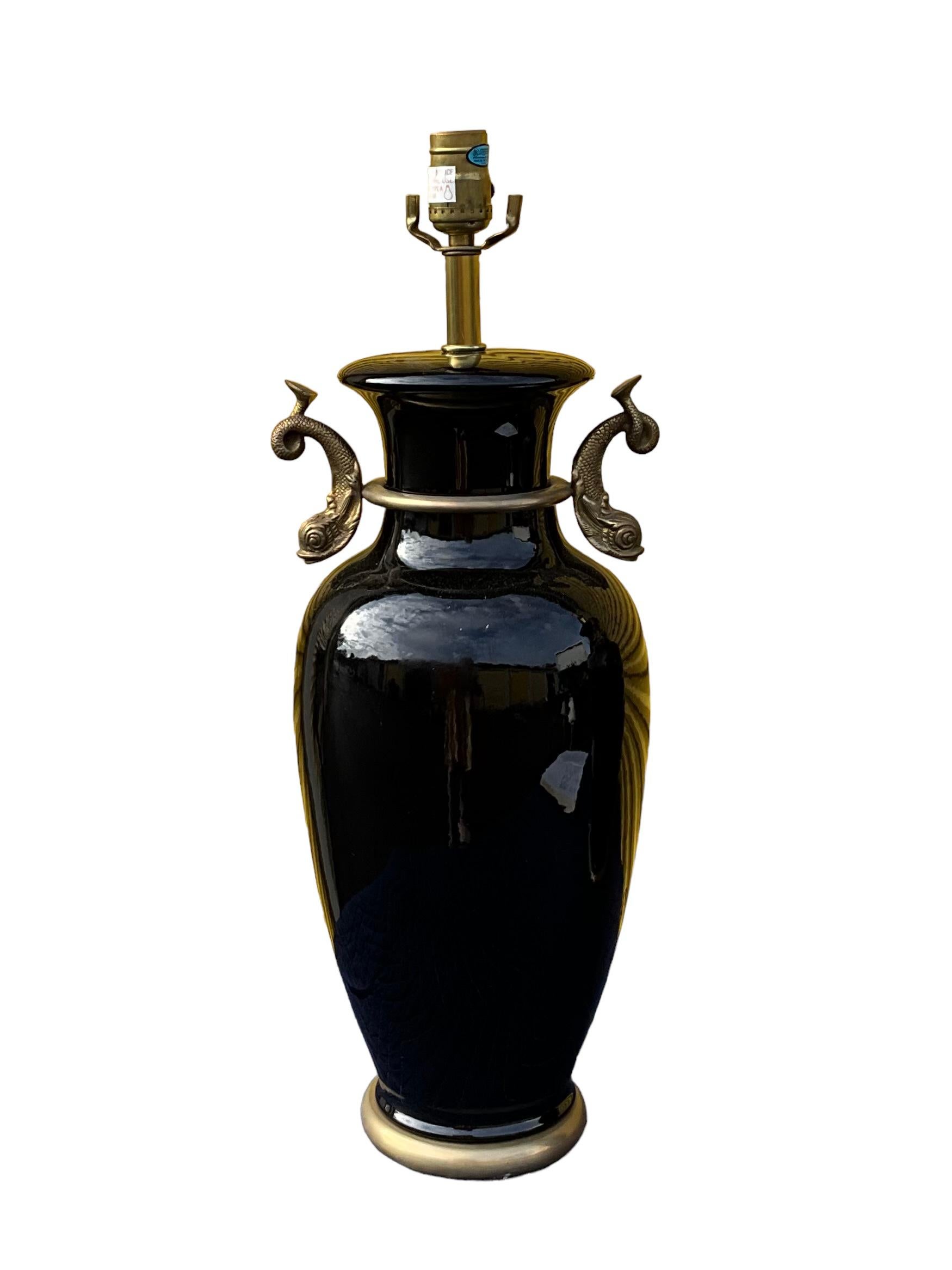 American Neo-Classical Style Black And Gilt Dolphin Frederick Cooper Table Lamps - Pairuu For Sale