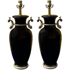 Neo-Classical Style Black And Gilt Dolphin Frederick Cooper Table Lamps - Pairuu