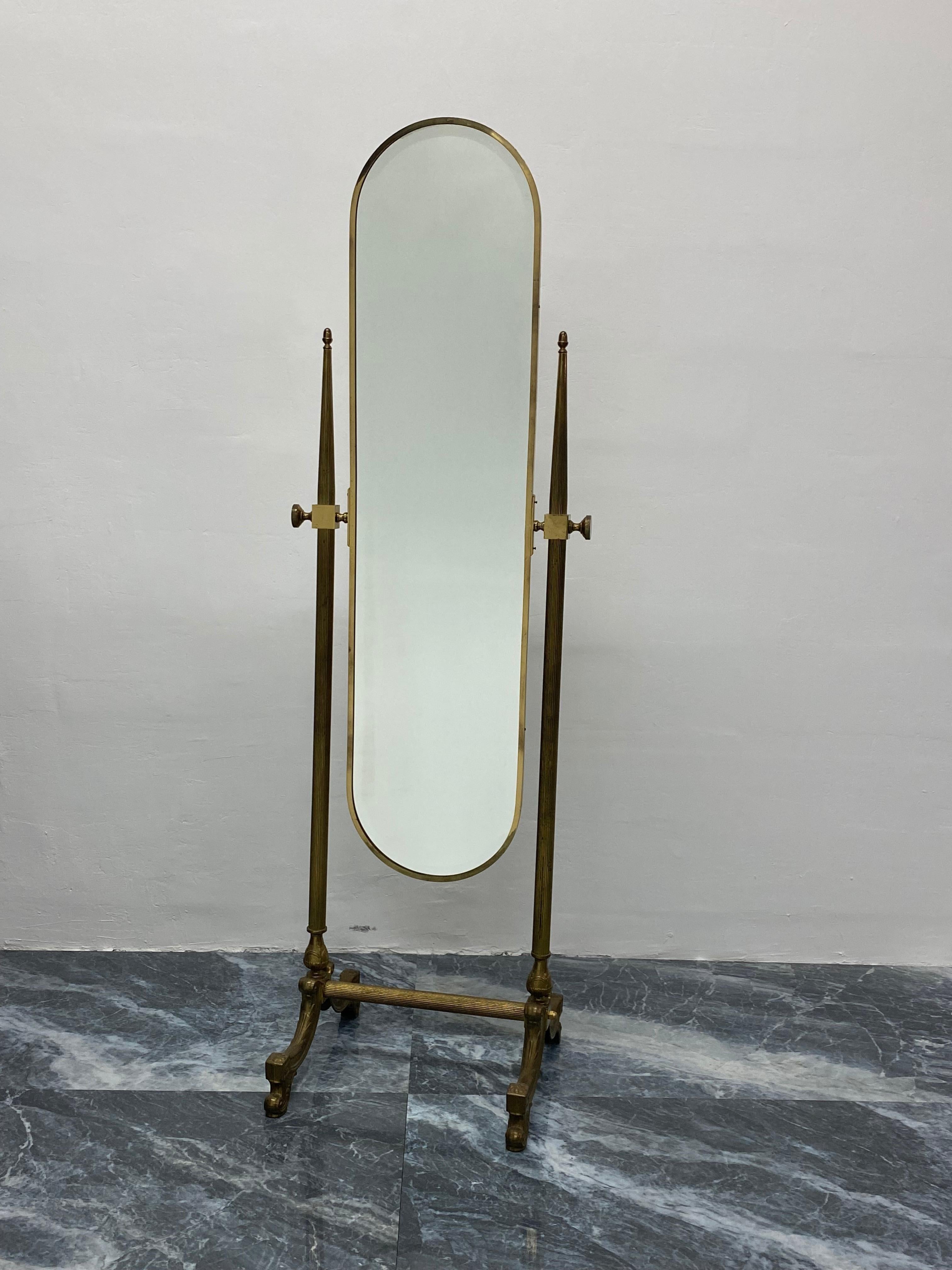 Patinated brass full length cheval floor mirror from the 1980s.