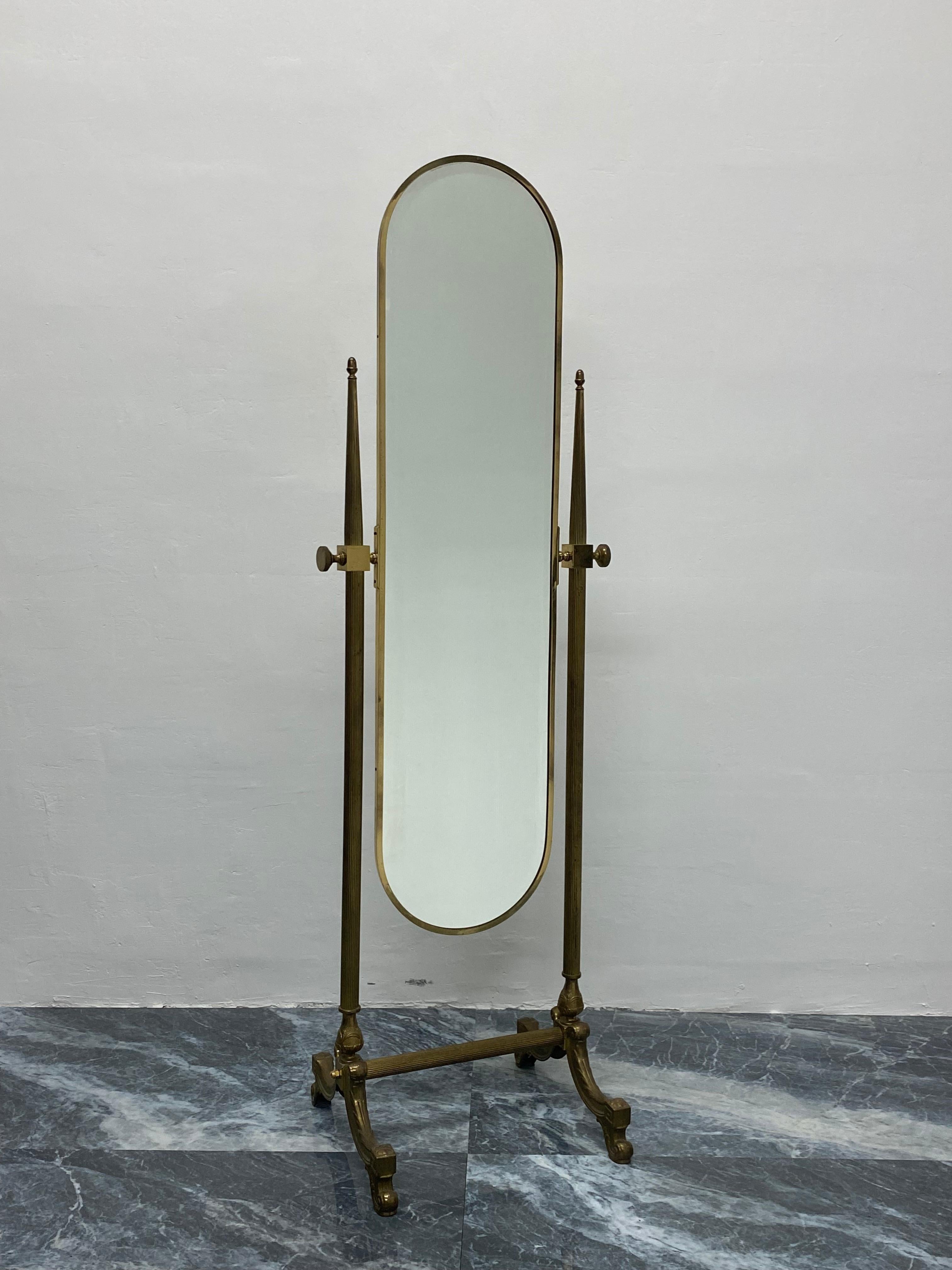 20th Century Neo-Classical Style Brass Cheval Floor Mirror, 1980s